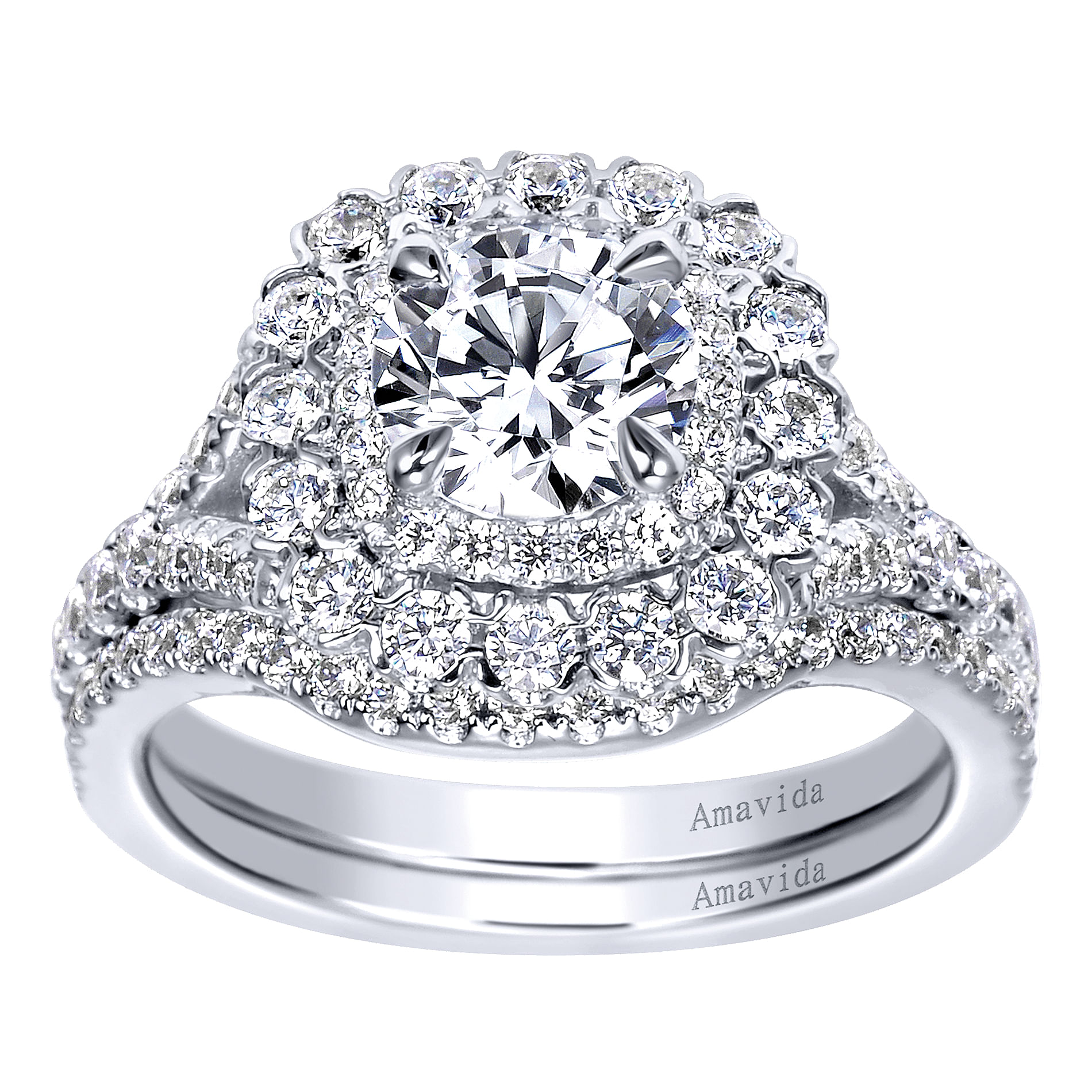 18k White Gold Round Double Halo Engagement Ring angle 4 18k White Gold Round Double Halo Engagement Ring angle 4