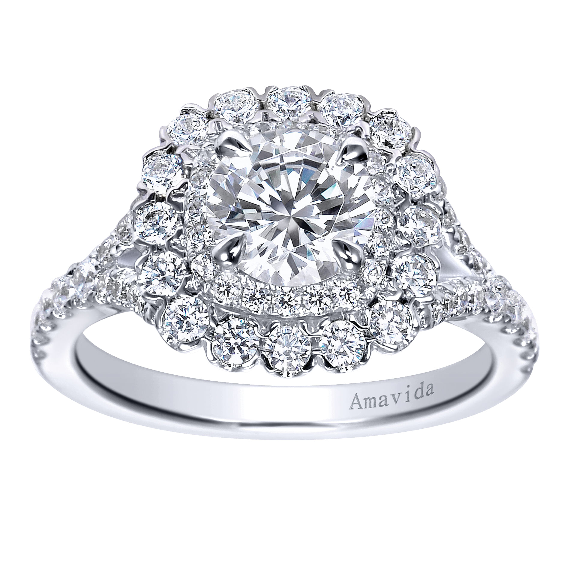 18k White Gold Round Double Halo Engagement Ring angle 5 18k White Gold Round Double Halo Engagement Ring angle 5