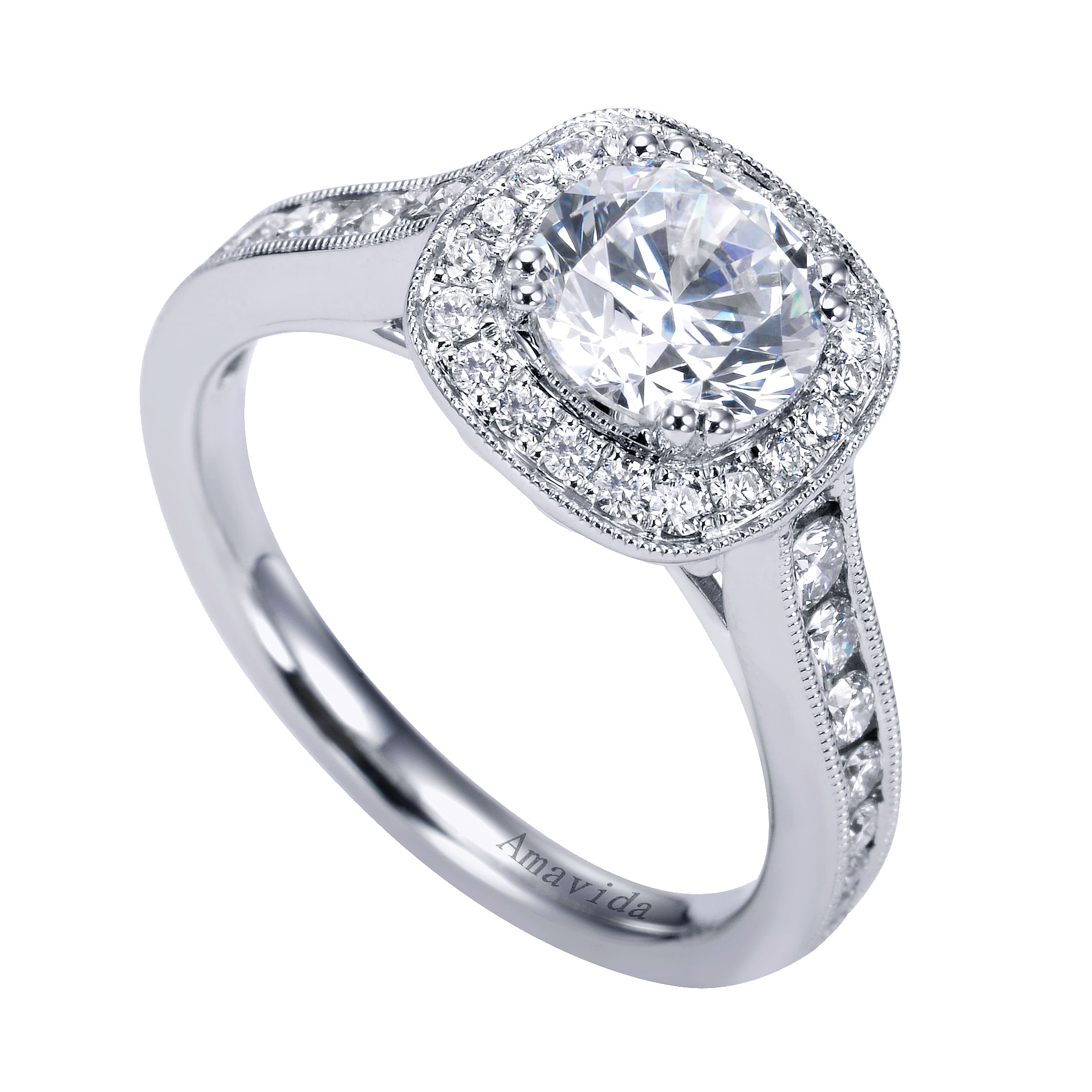 18k White Gold Round Halo Engagement Ring angle 3 18k White Gold Round Halo Engagement Ring angle 3