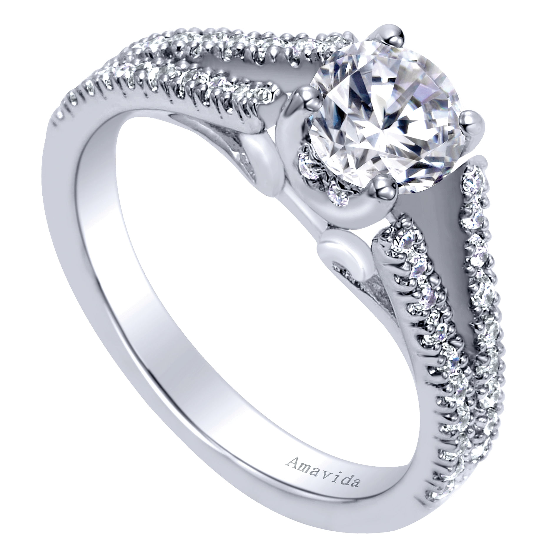 18k White Gold Round Split Shank Engagement Ring angle 3 18k White Gold Round Split Shank Engagement Ring angle 3