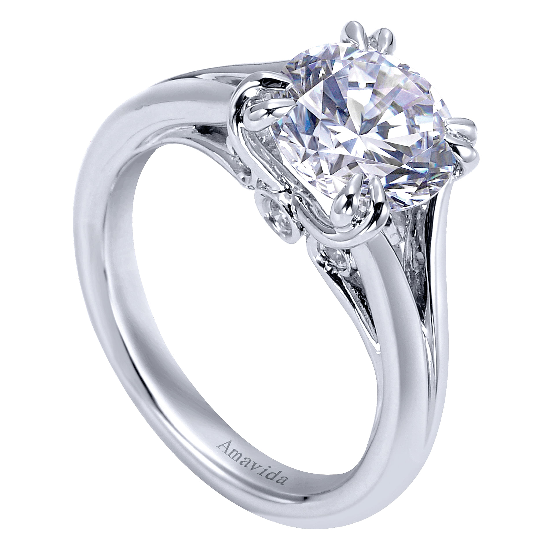 18k White Gold Round Split Shank Engagement Ring angle 3 18k White Gold Round Split Shank Engagement Ring angle 3