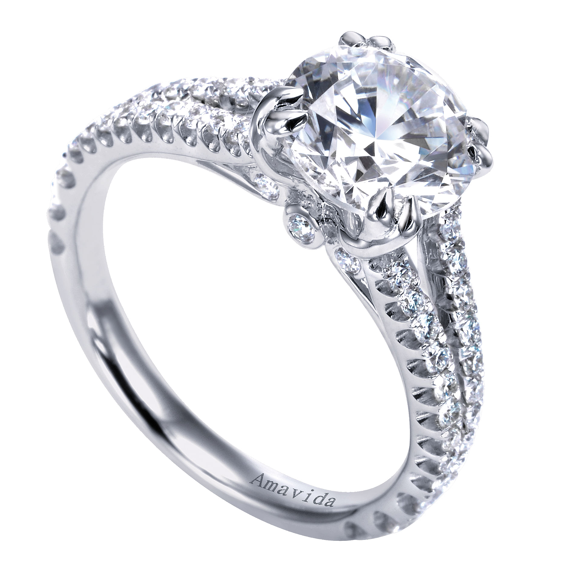 18k White Gold Round Split Shank Engagement Ring angle 3 18k White Gold Round Split Shank Engagement Ring angle 3