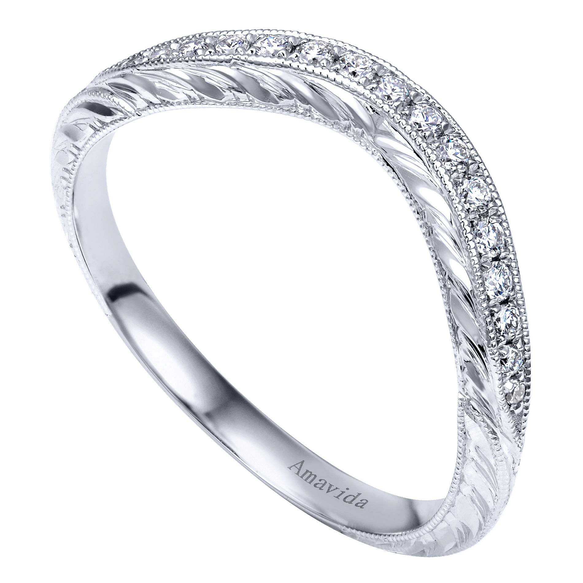 18k White Gold Victorian Curved Wedding Band angle 3 18k White Gold Victorian Curved Wedding Band angle 3