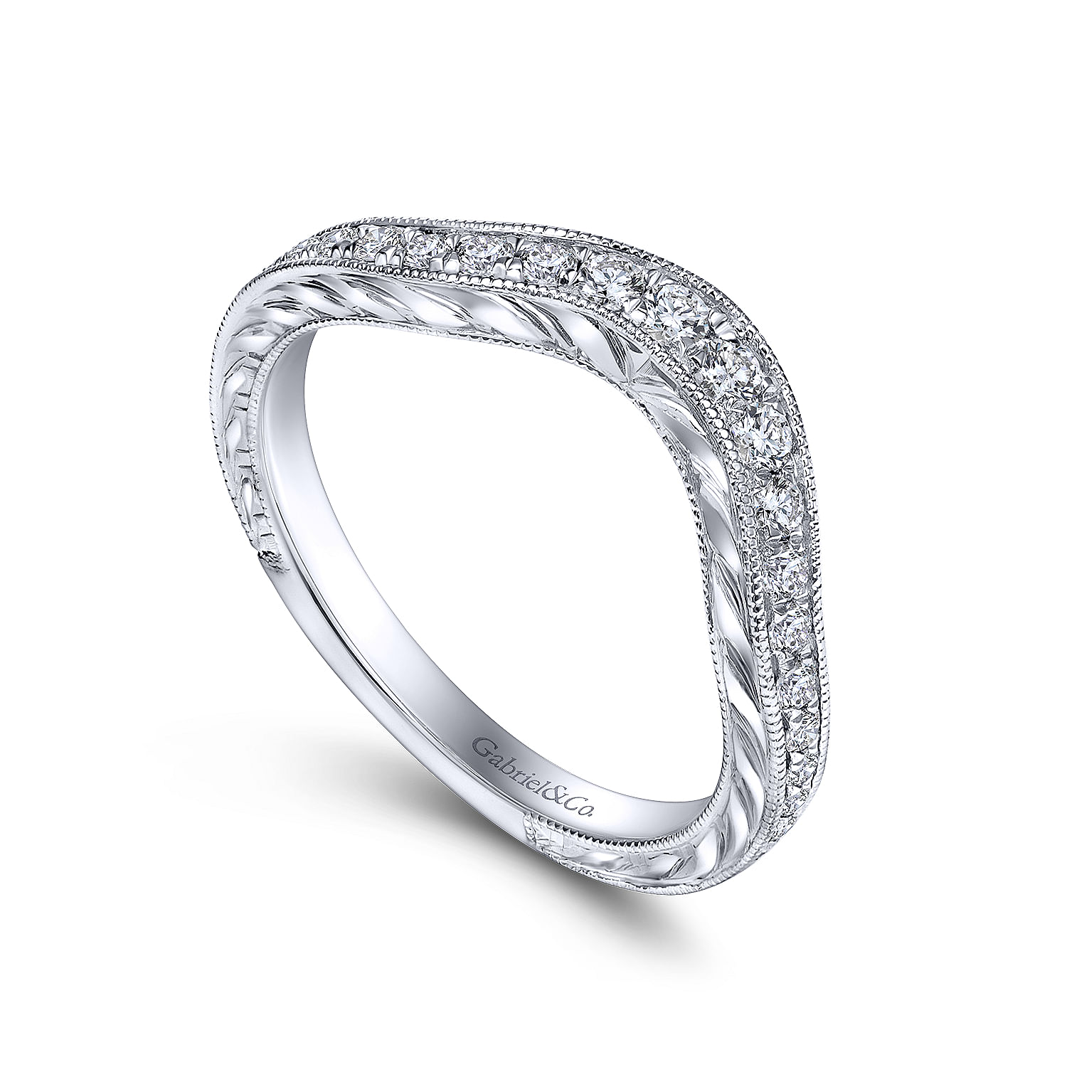 18k White Gold Victorian Curved Wedding Band angle 3 18k White Gold Victorian Curved Wedding Band angle 3