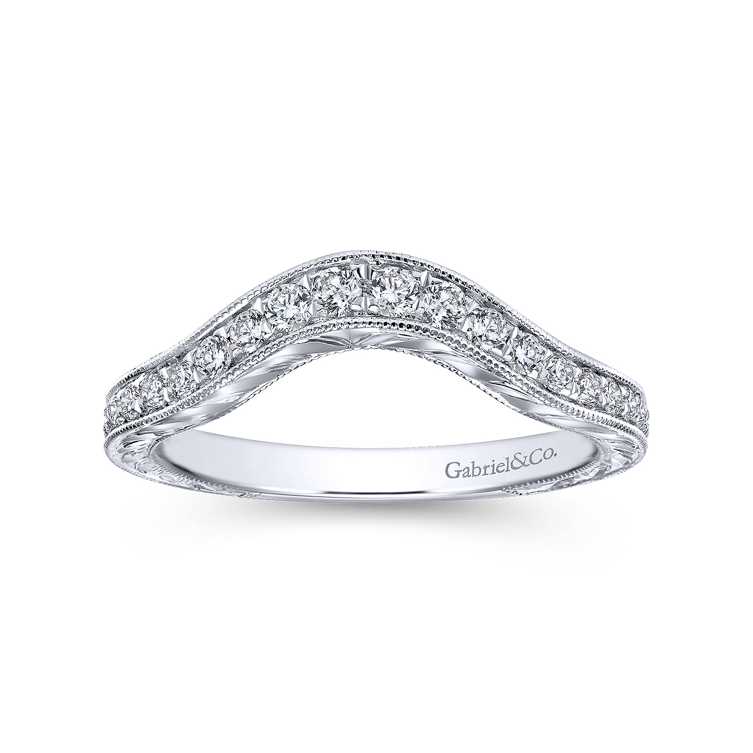 18k White Gold Victorian Curved Wedding Band angle 5 18k White Gold Victorian Curved Wedding Band angle 5