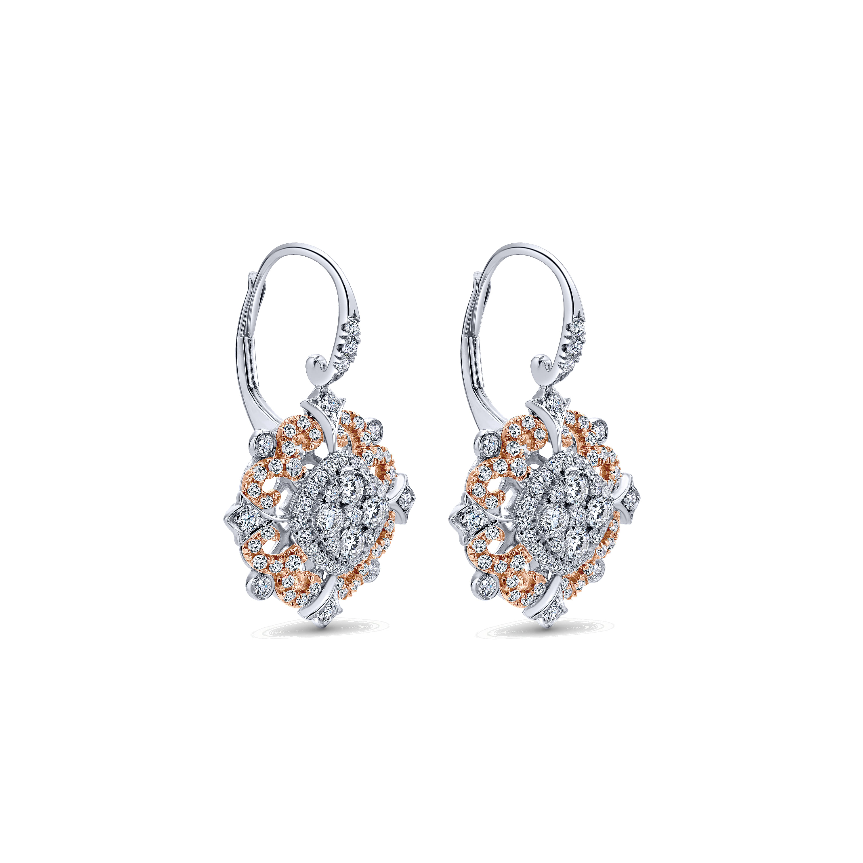 18k White and Pink Gold Intricate Pave Diamond Drop Earrings angle 2 18k White and Pink Gold Intricate Pave Diamond Drop Earrings angle 2
