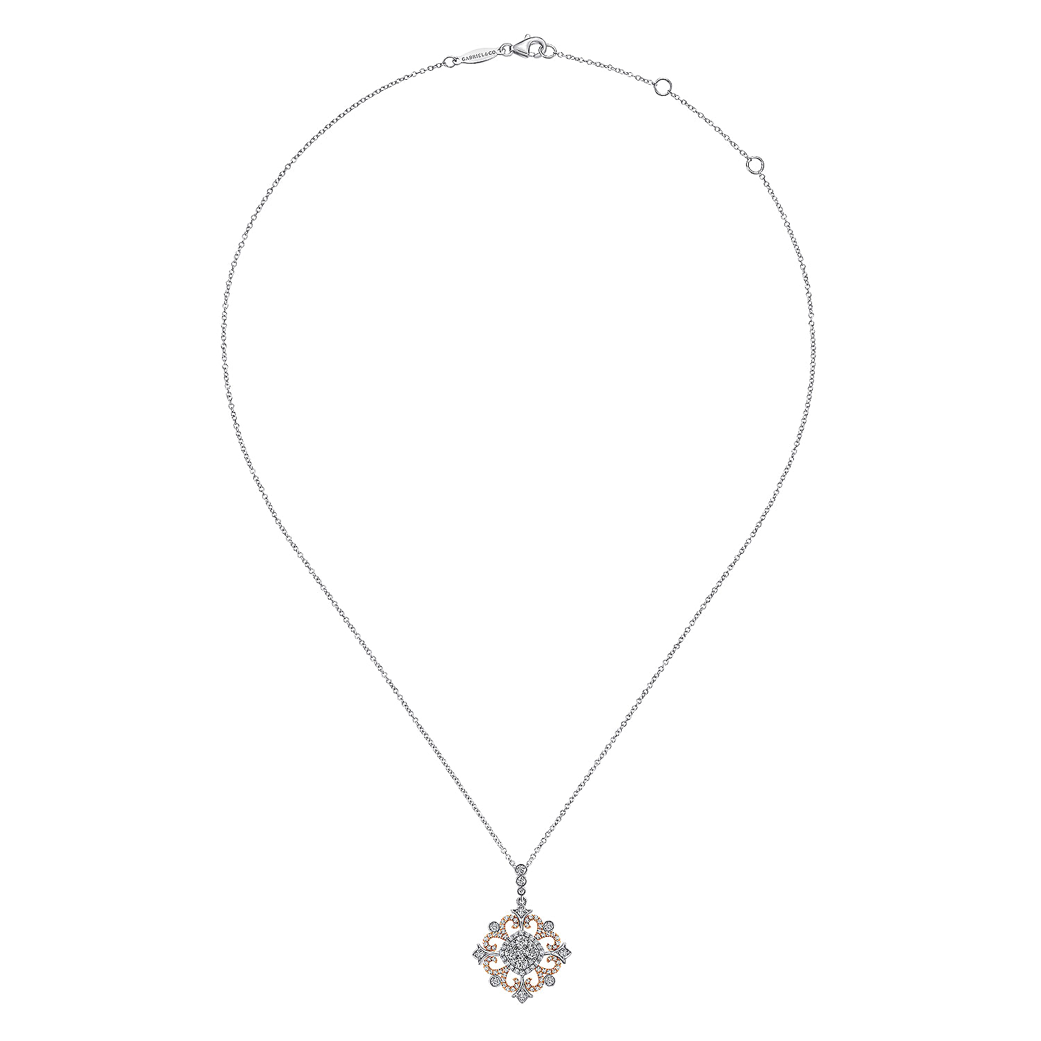 18k White and Pink Gold Pave Diamond Pendant Fashion Necklace angle 2 18k White and Pink Gold Pave Diamond Pendant Fashion Necklace angle 2