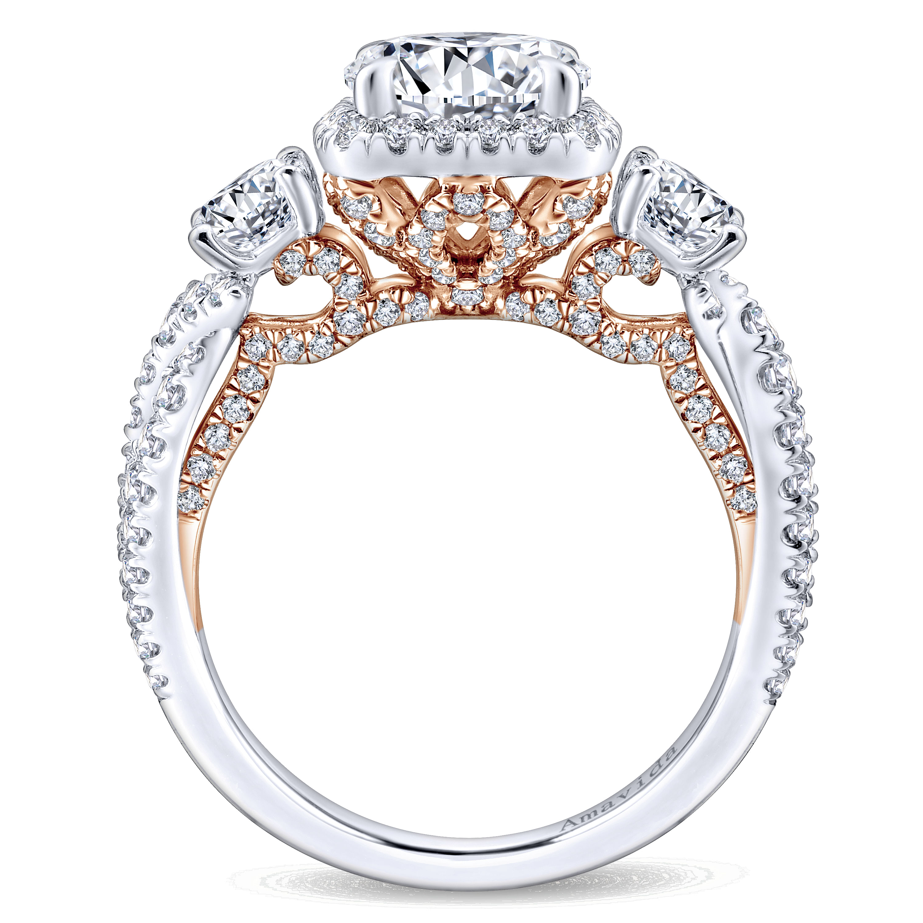 18k White/pink Gold Diamond 3 Stones Halo Engagement Ring angle 2 18k White/pink Gold Diamond 3 Stones Halo Engagement Ring angle 2