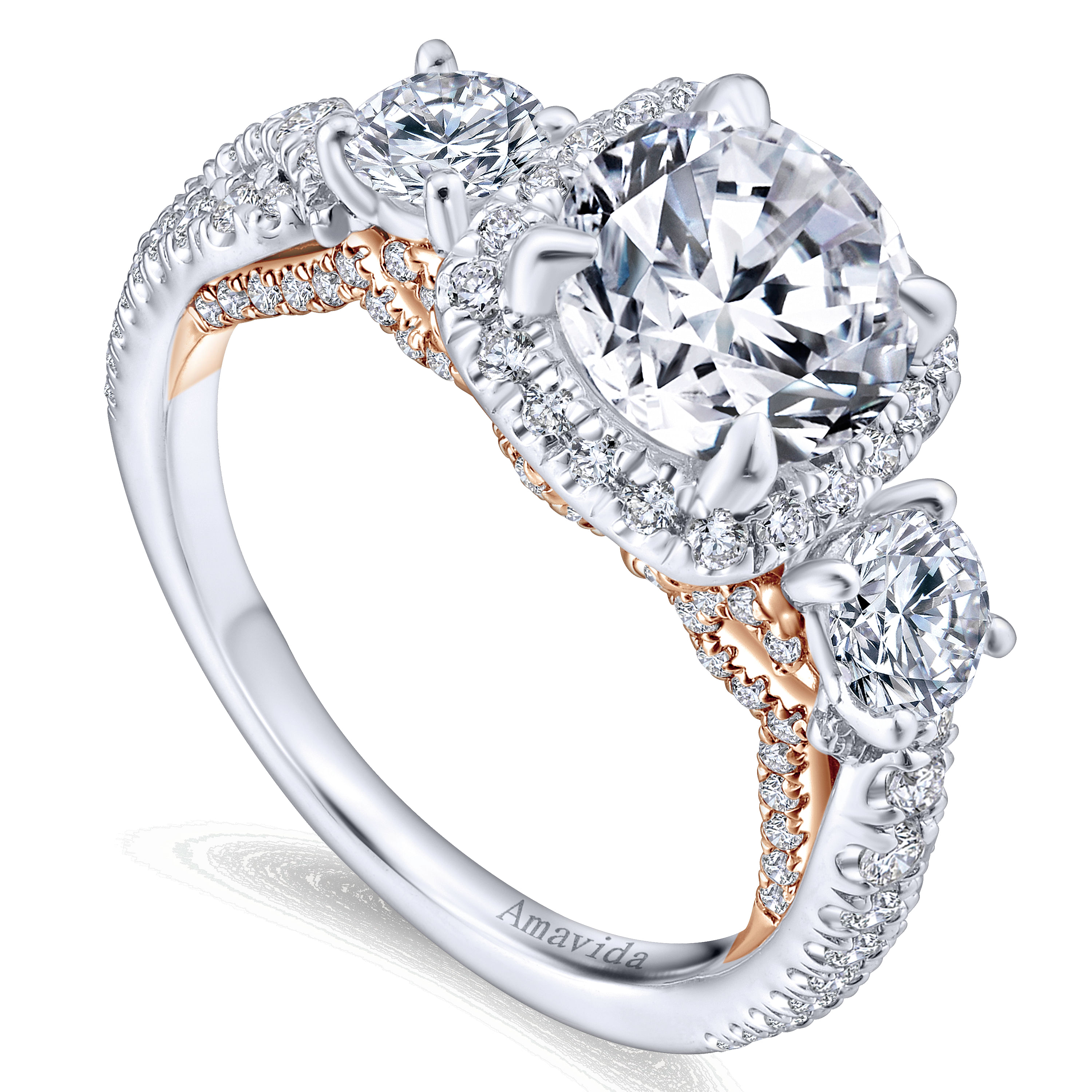 18k White/pink Gold Diamond 3 Stones Halo Engagement Ring angle 3 18k White/pink Gold Diamond 3 Stones Halo Engagement Ring angle 3