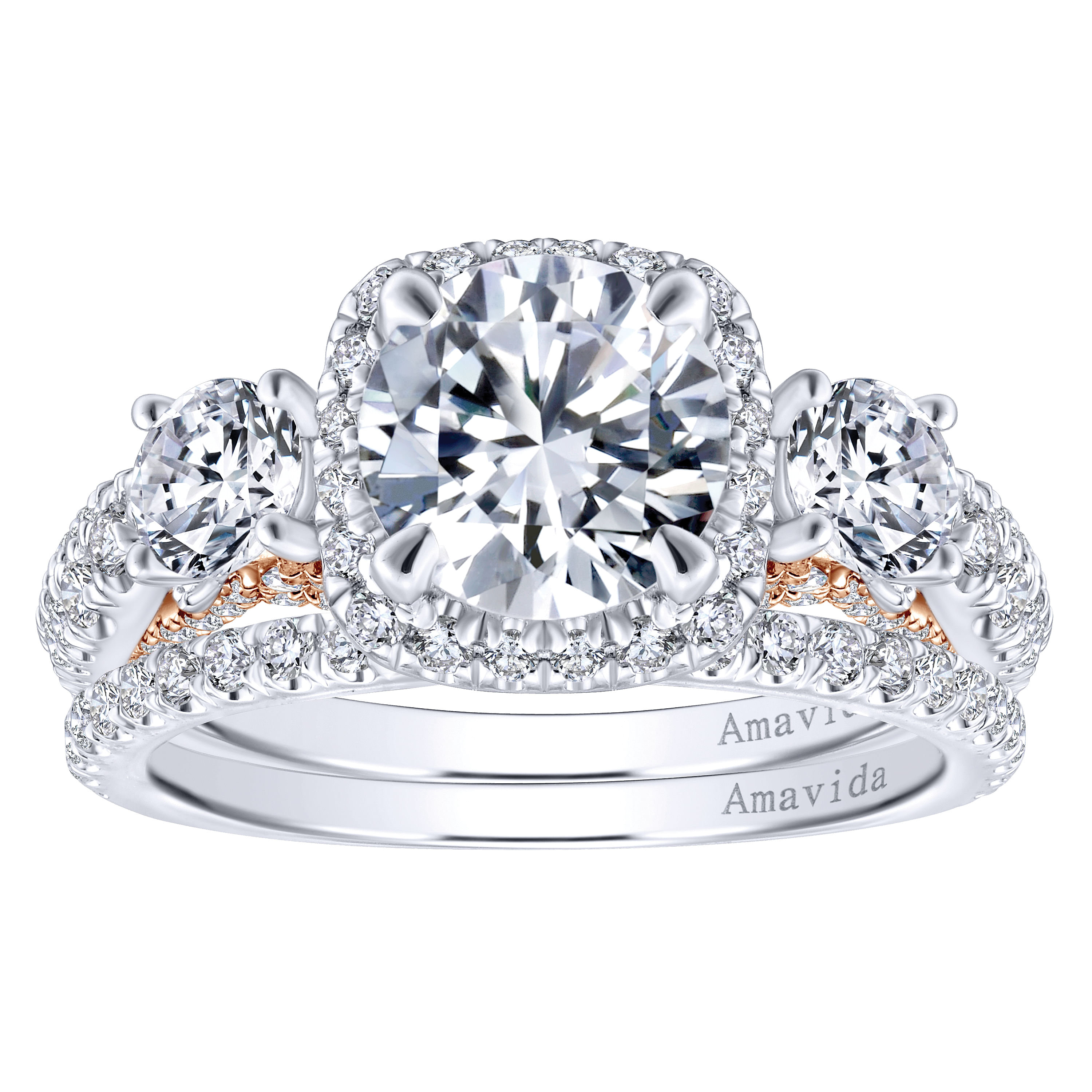 18k White/pink Gold Diamond 3 Stones Halo Engagement Ring angle 4 18k White/pink Gold Diamond 3 Stones Halo Engagement Ring angle 4