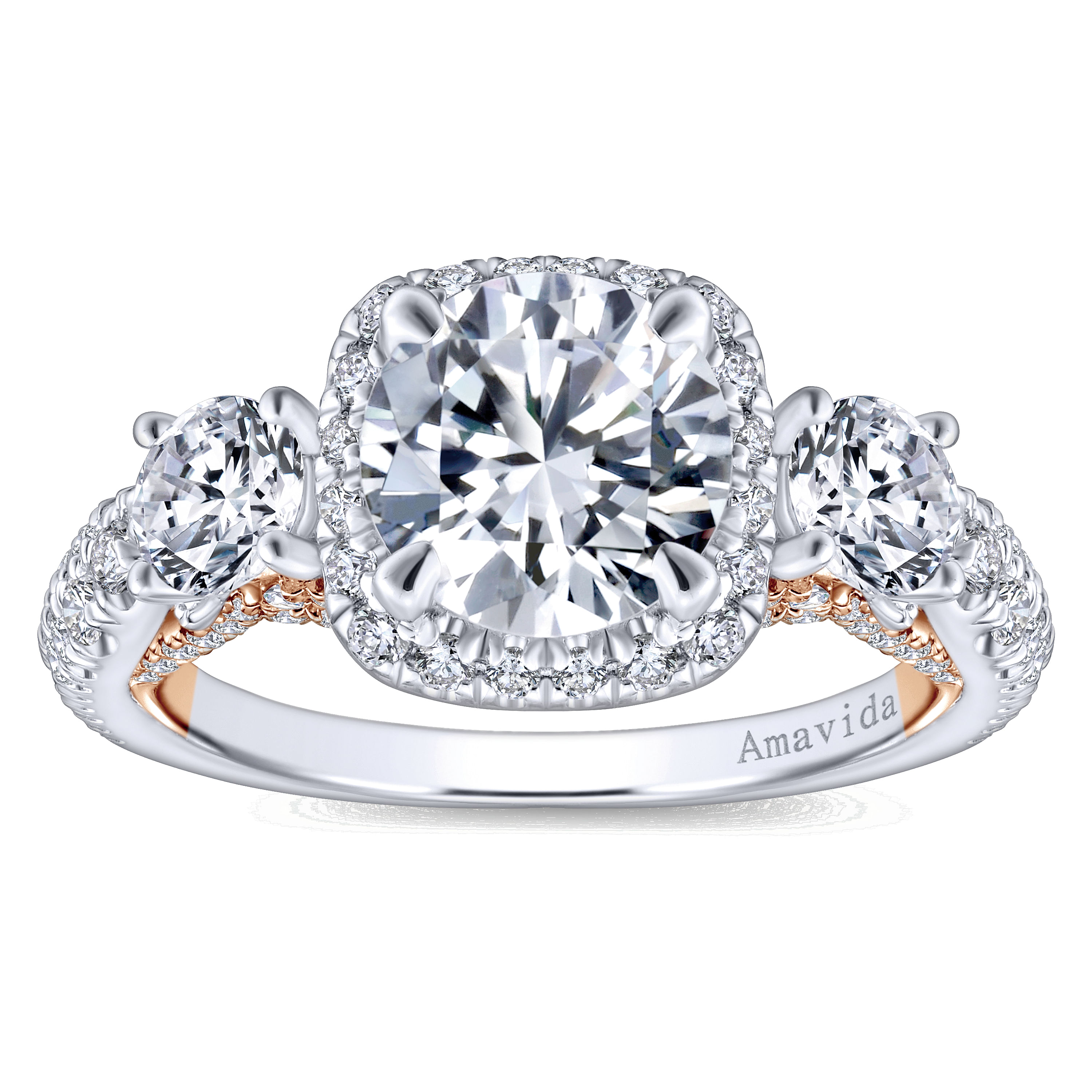 18k White/pink Gold Diamond 3 Stones Halo Engagement Ring angle 5 18k White/pink Gold Diamond 3 Stones Halo Engagement Ring angle 5