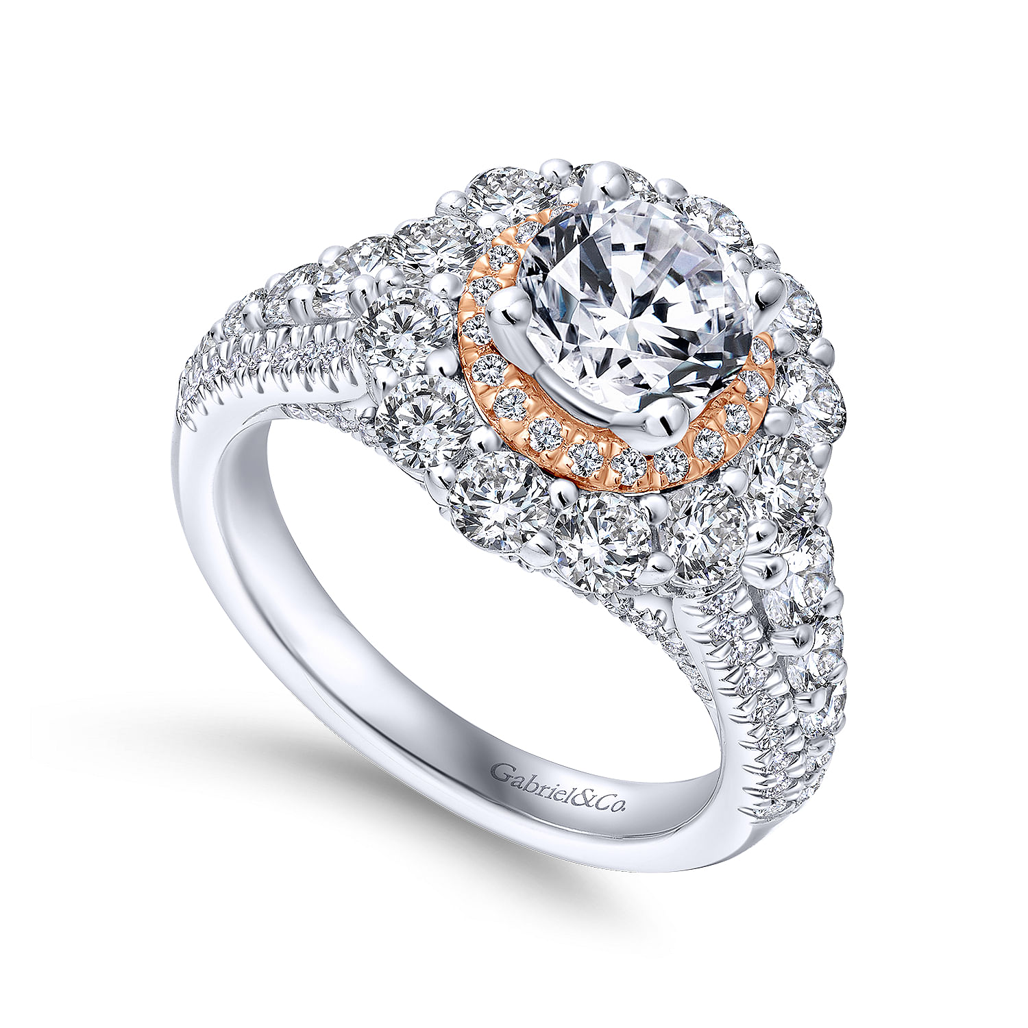 18k White/pink Gold Diamond Double Halo Engagement Ring angle 3 18k White/pink Gold Diamond Double Halo Engagement Ring angle 3