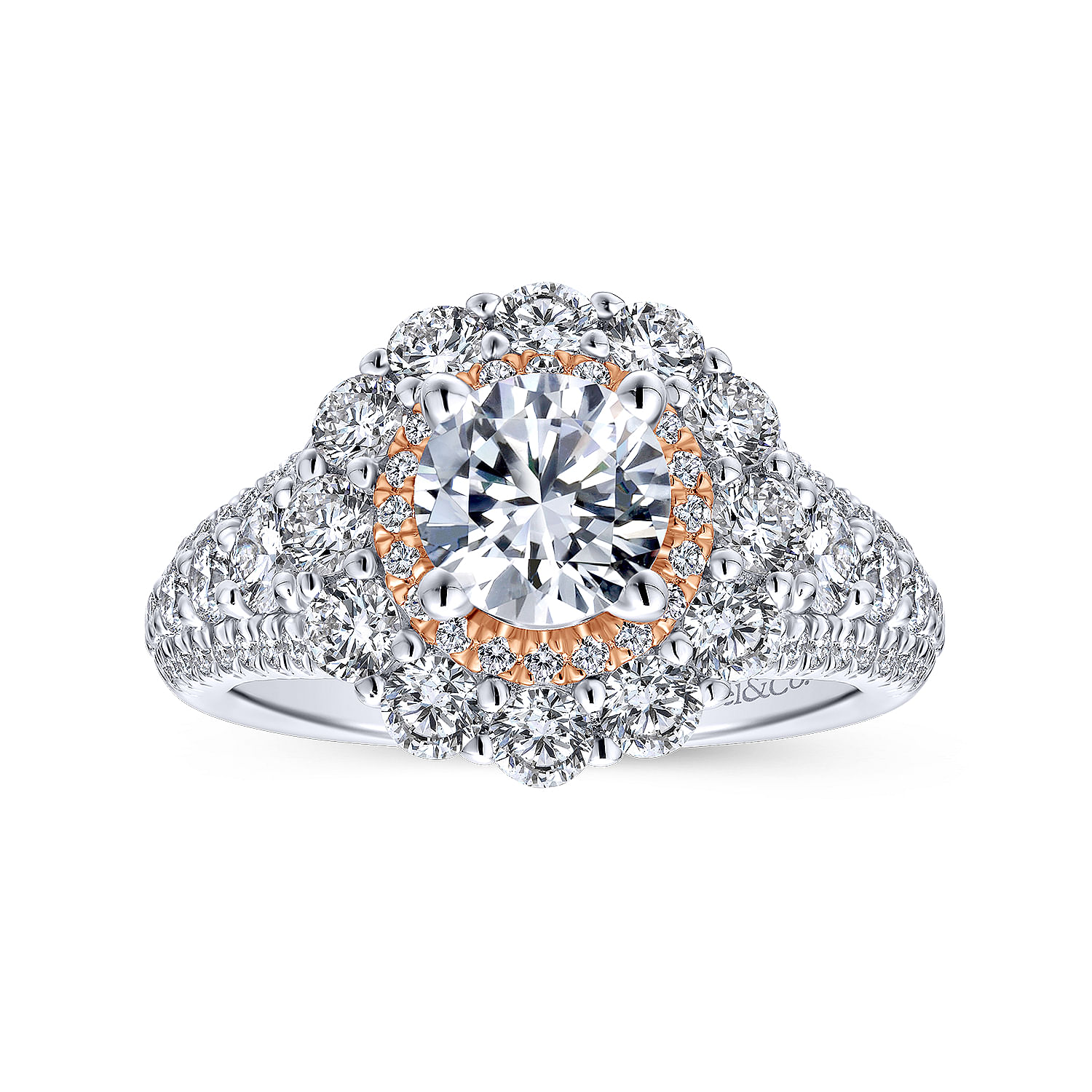 18k White/pink Gold Diamond Double Halo Engagement Ring angle 5 18k White/pink Gold Diamond Double Halo Engagement Ring angle 5