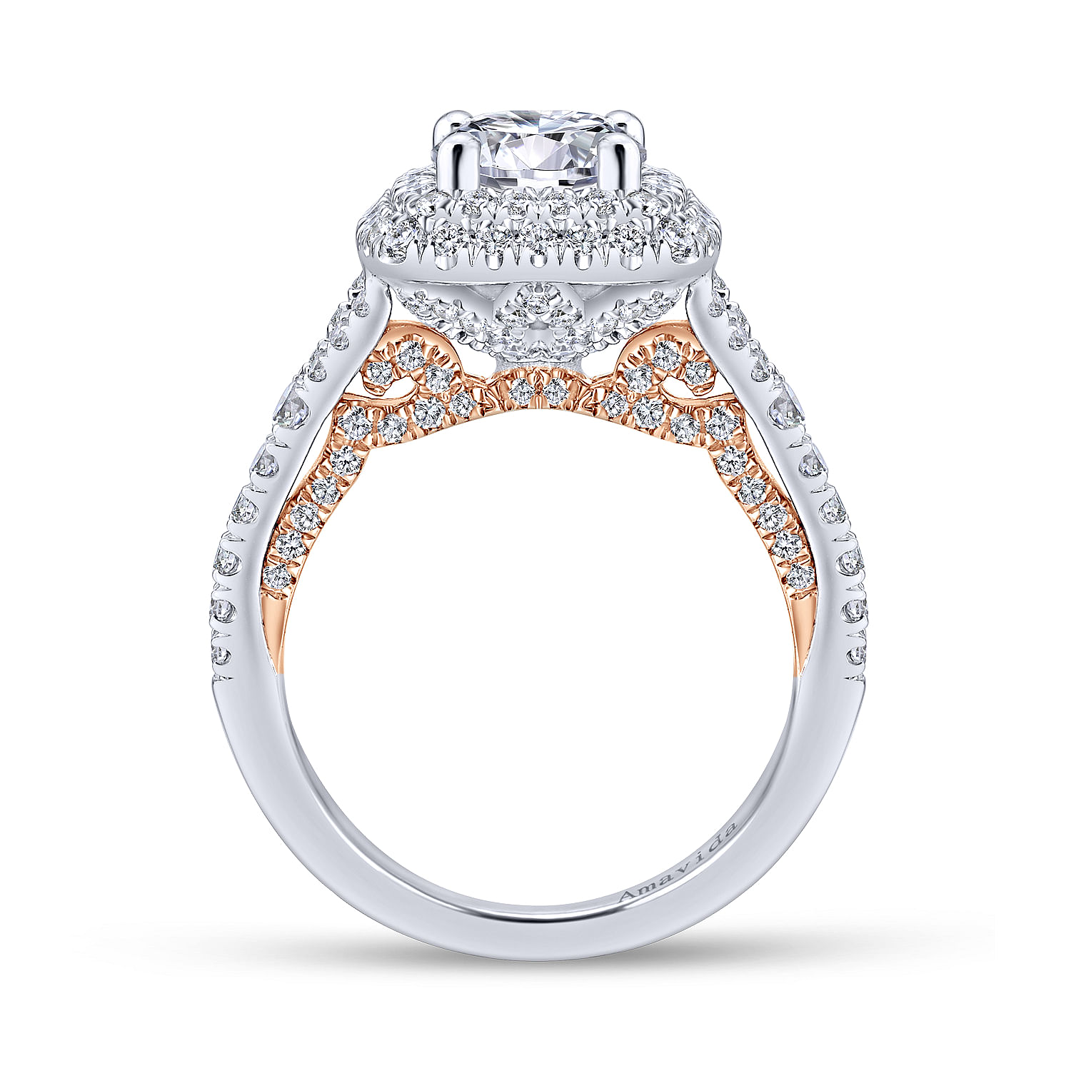 18k White/pink Gold Diamond Double Halo Engagement Ring angle 2 18k White/pink Gold Diamond Double Halo Engagement Ring angle 2