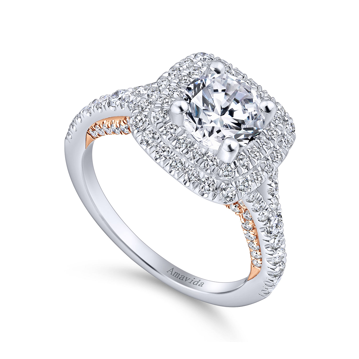 18k White/pink Gold Diamond Double Halo Engagement Ring angle 3 18k White/pink Gold Diamond Double Halo Engagement Ring angle 3