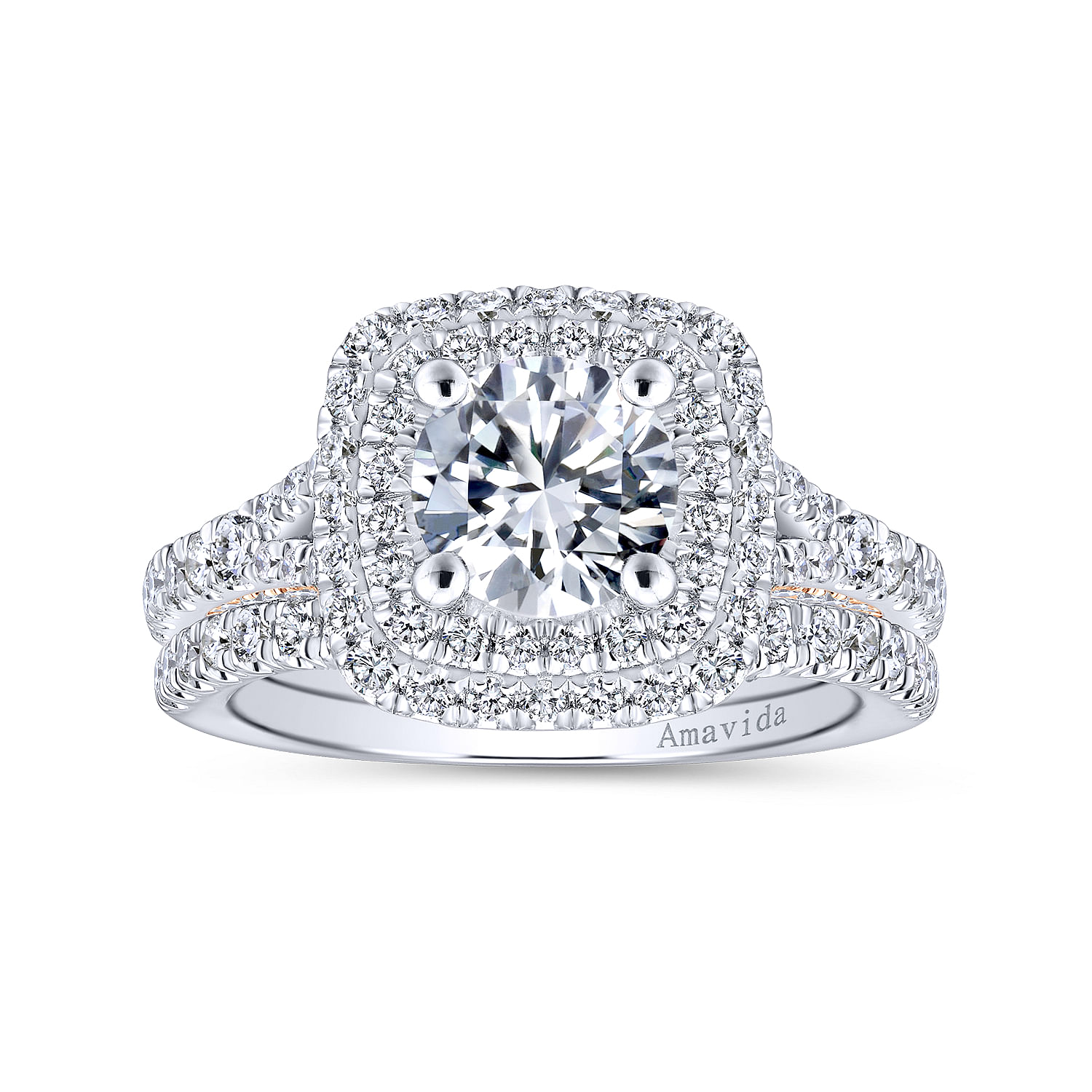 18k White/pink Gold Diamond Double Halo Engagement Ring angle 4 18k White/pink Gold Diamond Double Halo Engagement Ring angle 4