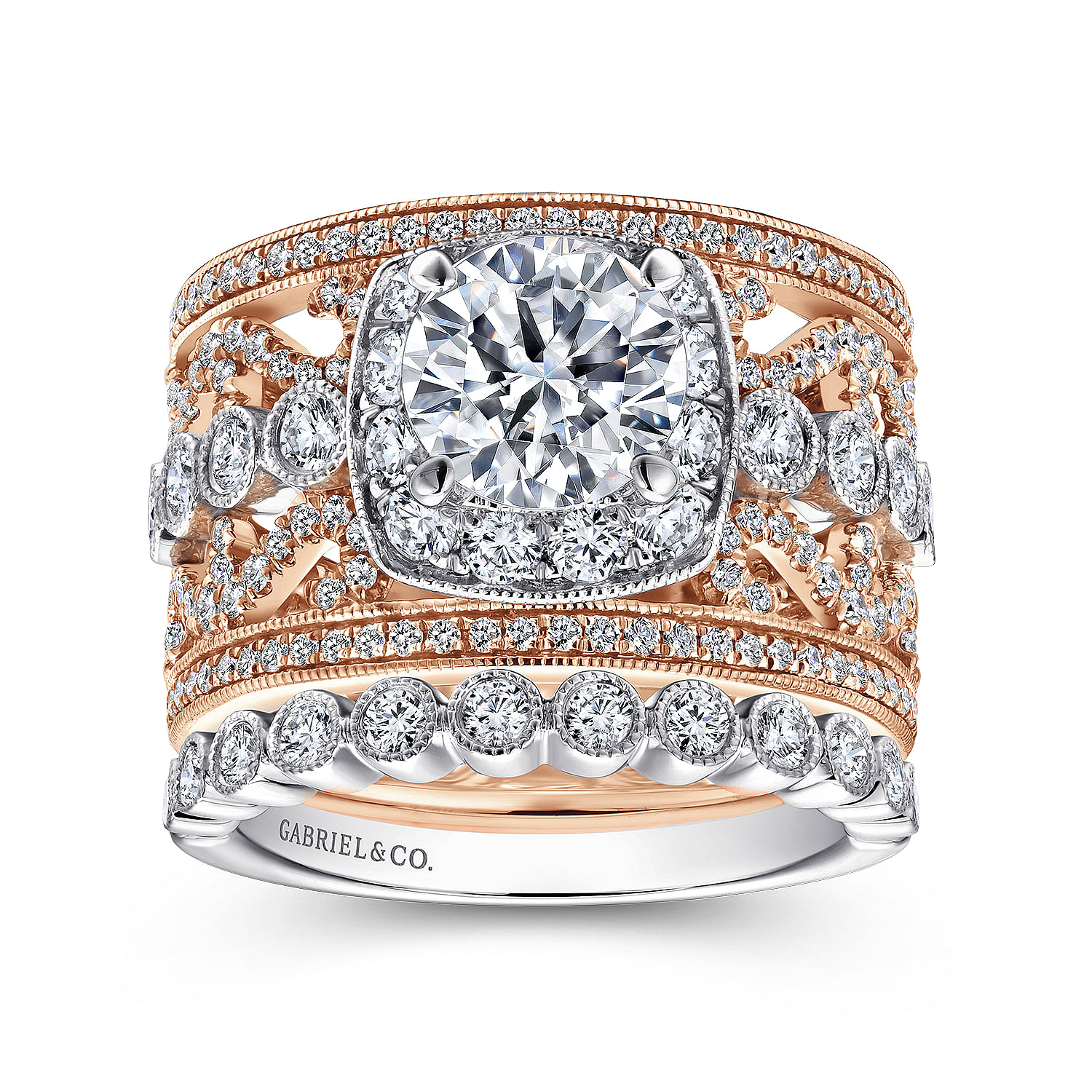 18k White/pink Gold Diamond Halo Engagement Ring angle 4 18k White/pink Gold Diamond Halo Engagement Ring angle 4