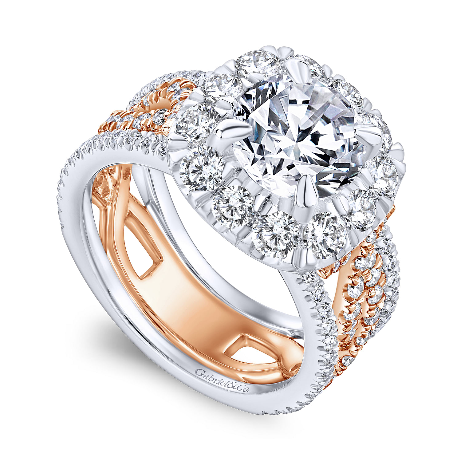 18k White/pink Gold Diamond Halo Engagement Ring angle 3 18k White/pink Gold Diamond Halo Engagement Ring angle 3