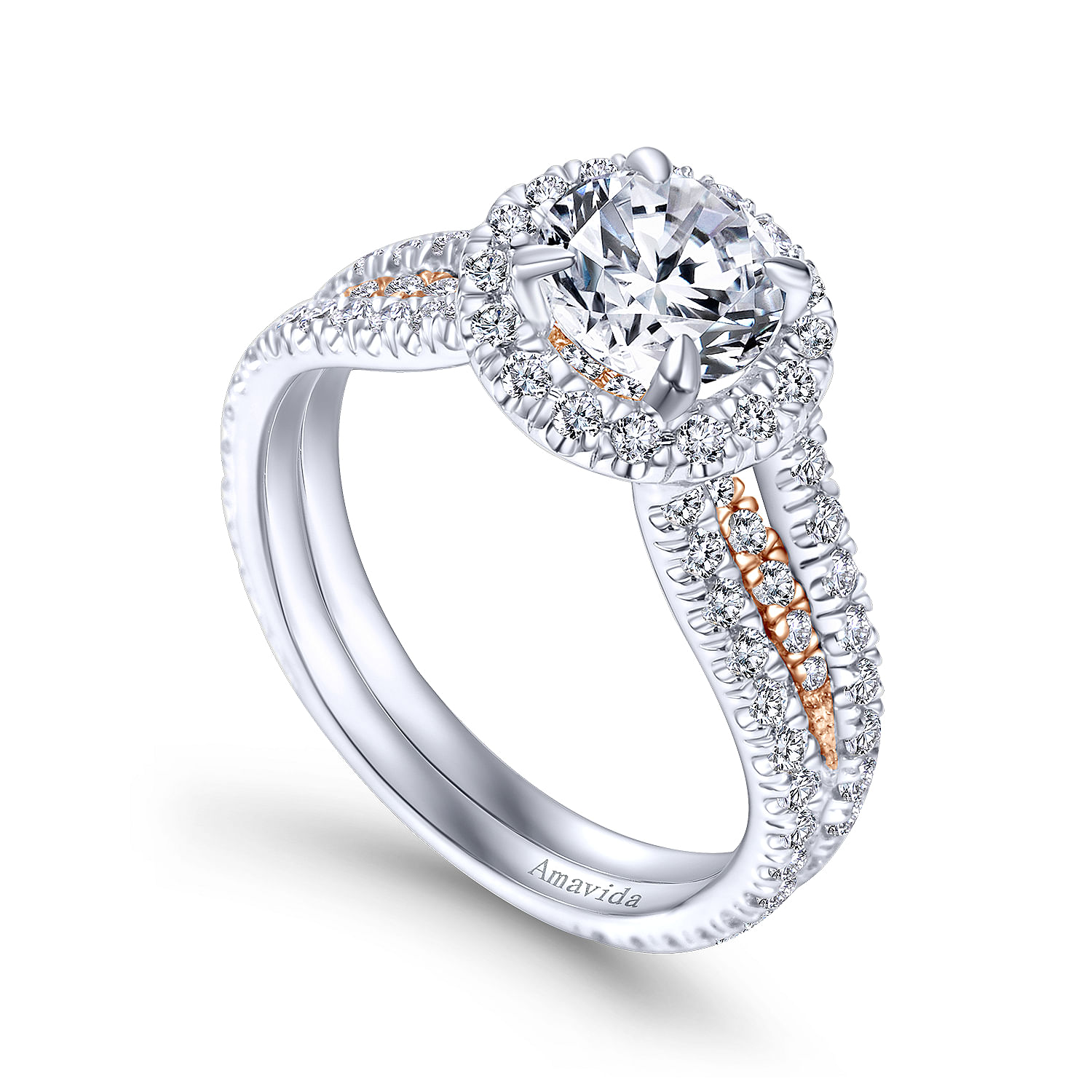 18k White/pink Gold Diamond Halo Engagement Ring angle 3 18k White/pink Gold Diamond Halo Engagement Ring angle 3