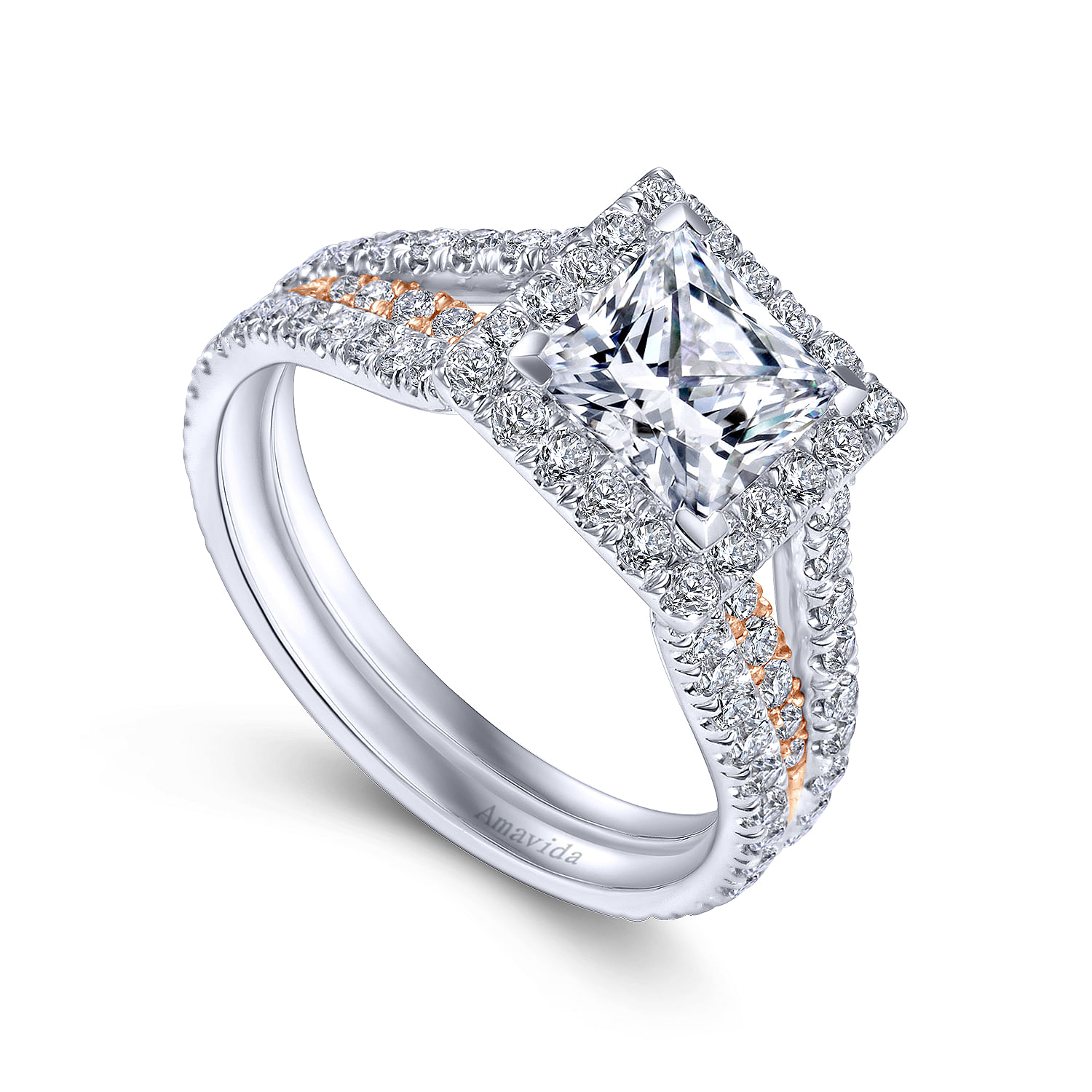 18k White/pink Gold Diamond Halo Engagement Ring angle 3 18k White/pink Gold Diamond Halo Engagement Ring angle 3