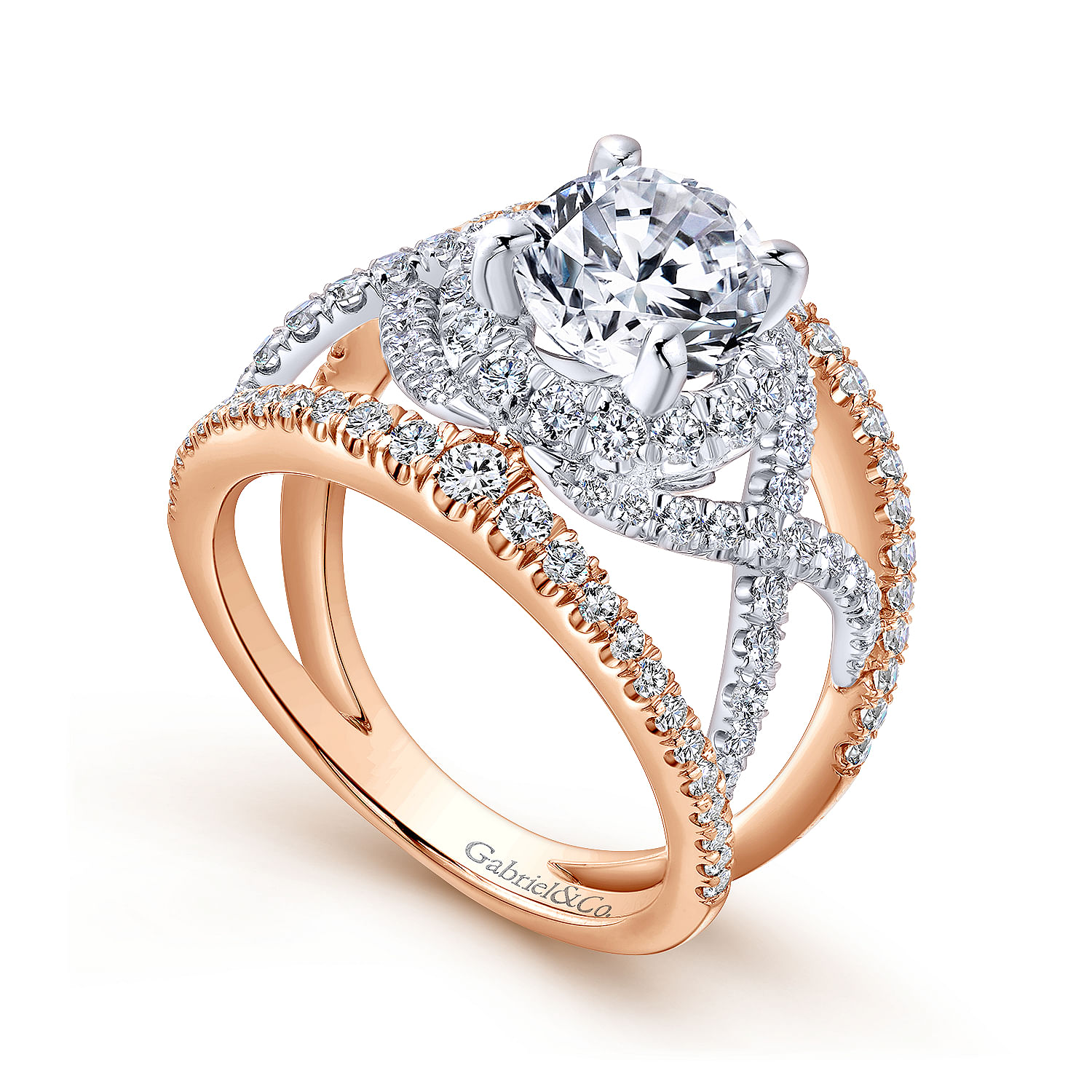 18k White/pink Gold Diamond Split Shank Engagement Ring angle 3 18k White/pink Gold Diamond Split Shank Engagement Ring angle 3