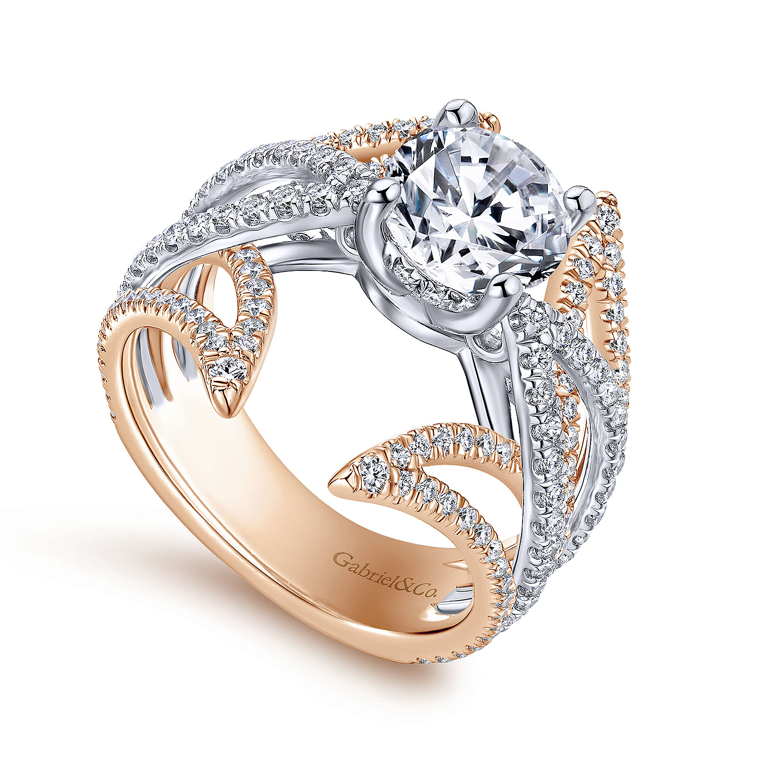 18k White/pink Gold Diamond Split Shank Engagement Ring angle 3 18k White/pink Gold Diamond Split Shank Engagement Ring angle 3