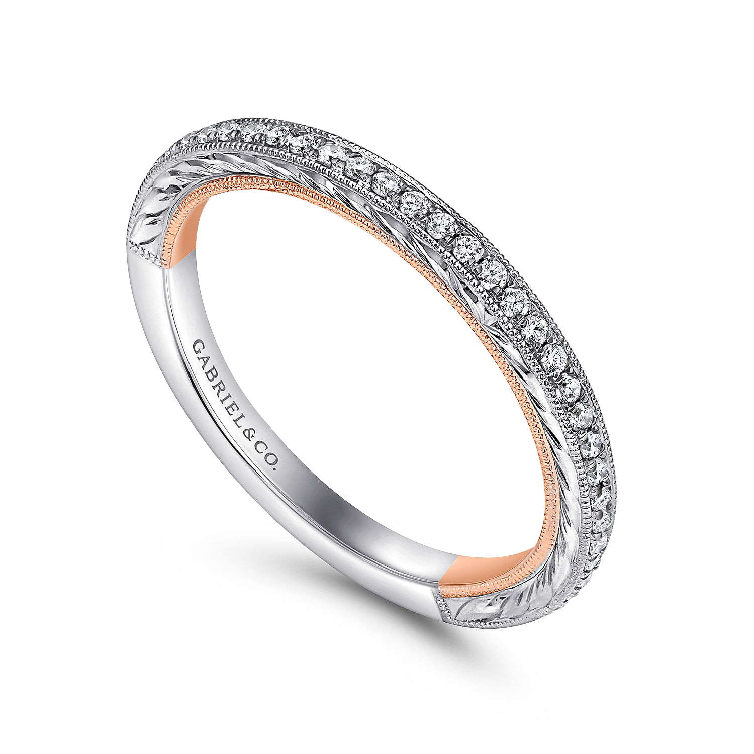 18k White/pink Gold Diamond Straight Wedding Band angle 3 18k White/pink Gold Diamond Straight Wedding Band angle 3