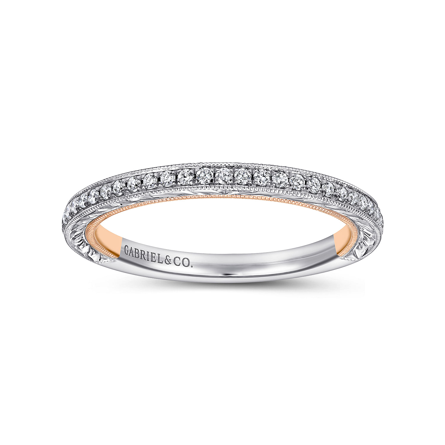 18k White/pink Gold Diamond Straight Wedding Band angle 5 18k White/pink Gold Diamond Straight Wedding Band angle 5