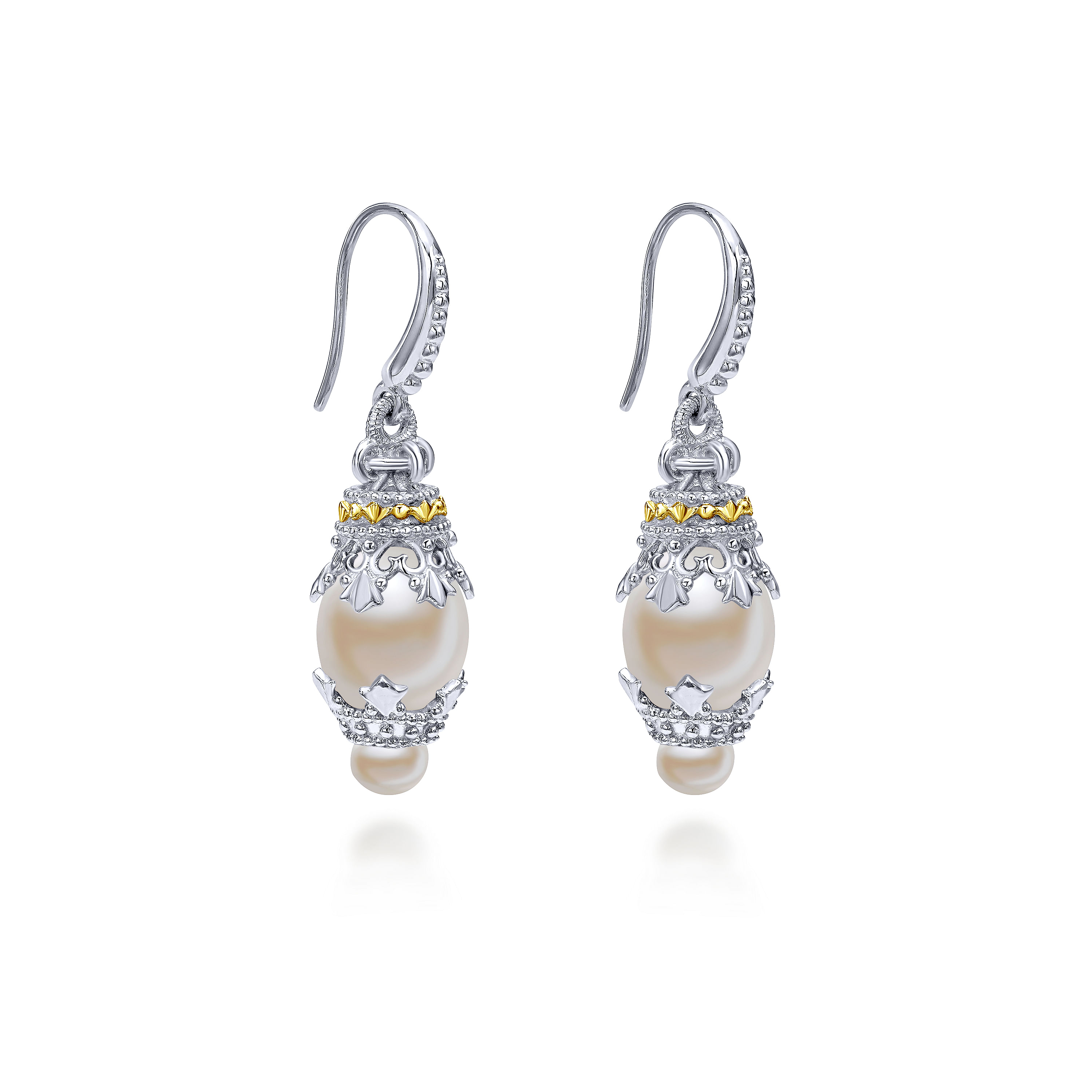 925 Silver/18k Yellow Gold Pearl Drop Earrings angle 2 925 Silver/18k Yellow Gold Pearl Drop Earrings angle 2