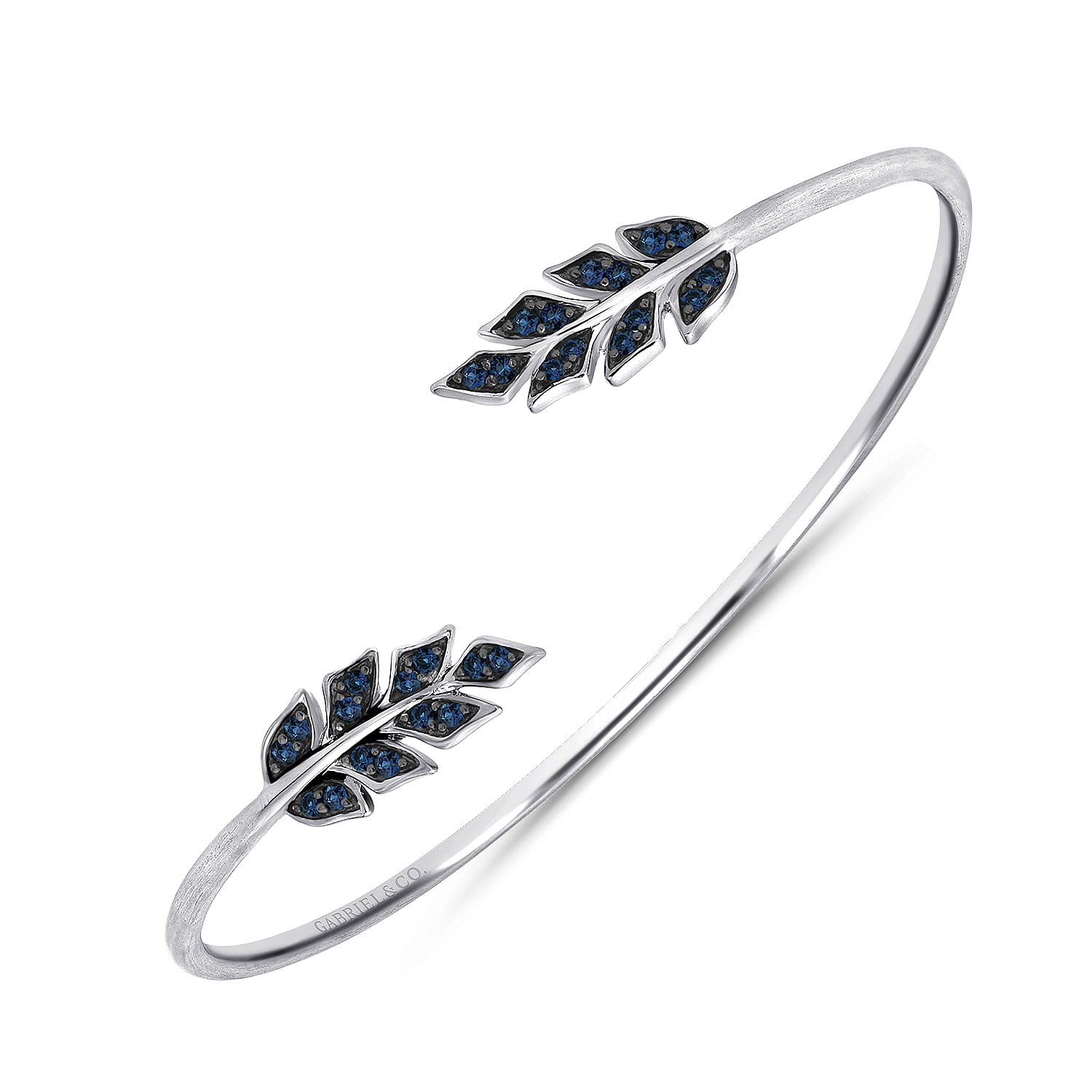 925 Silver And Pavé Sapphire Leaf Bangle angle 2 925 Silver And Pavé Sapphire Leaf Bangle angle 2