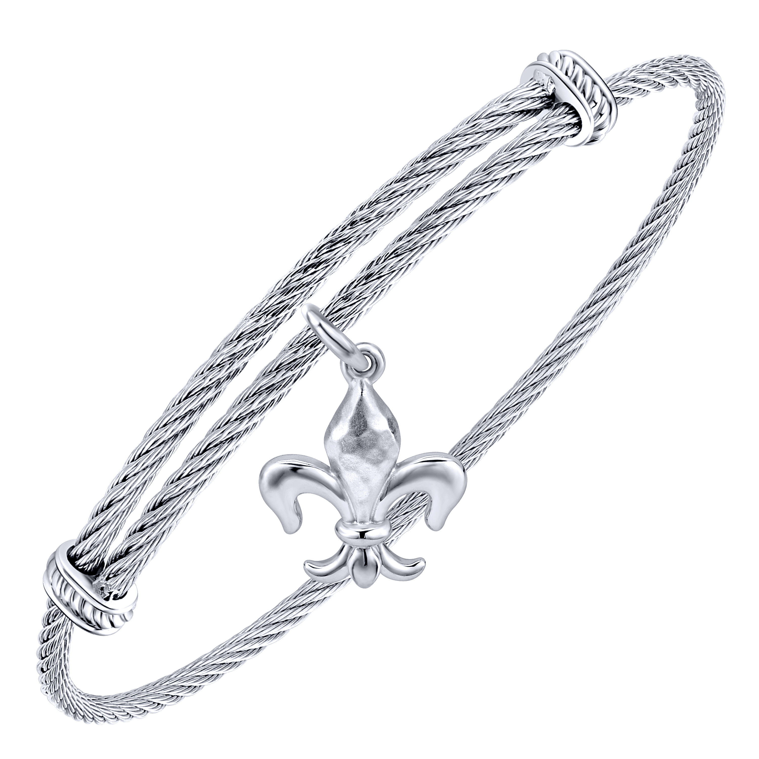 925 Silver and Stainless Steel Fleur-de-lis Charm Bangle angle 2 925 Silver and Stainless Steel Fleur-de-lis Charm Bangle angle 2