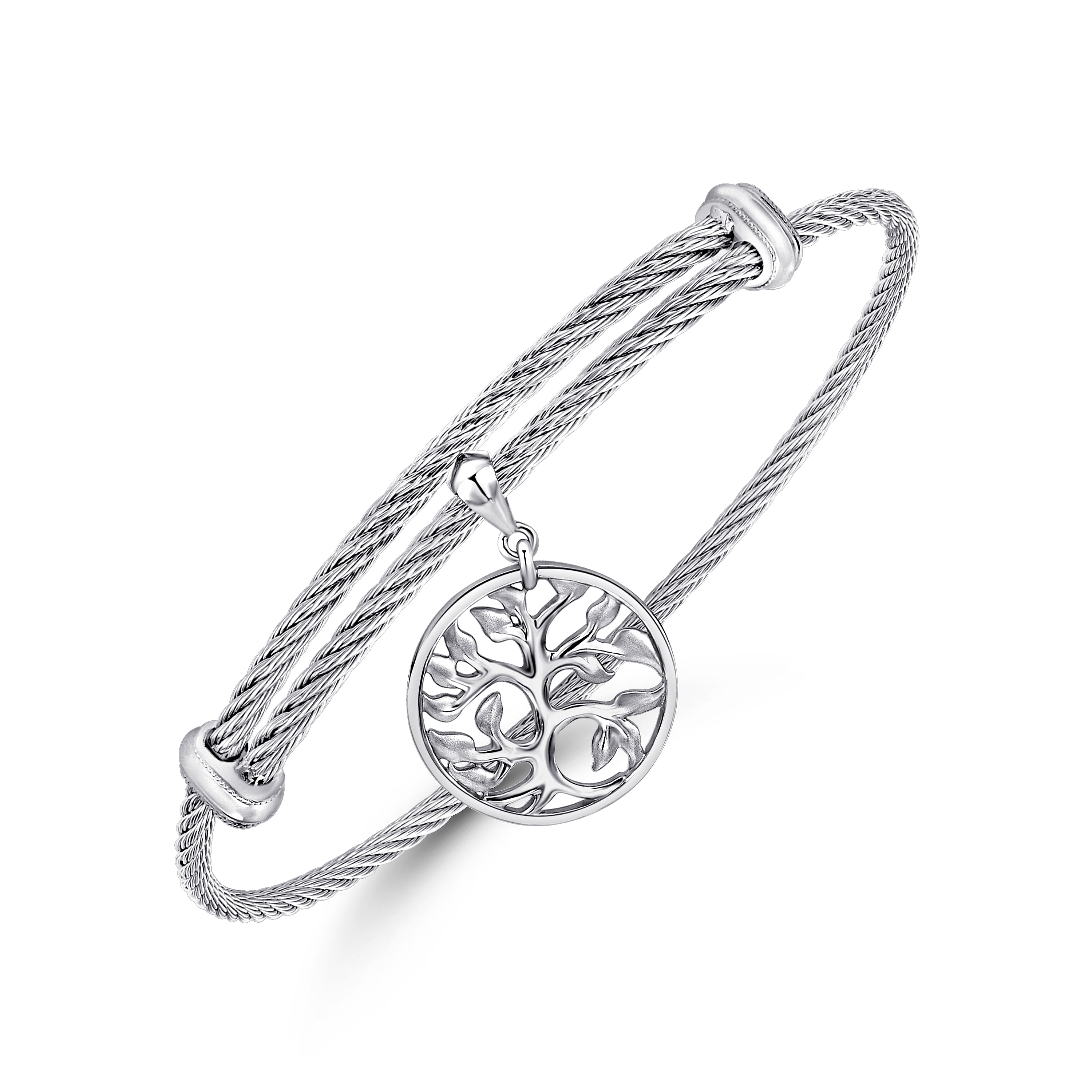 925 Silver and Stainless Steel Nature Charm Bangle angle 2 925 Silver and Stainless Steel Nature Charm Bangle angle 2