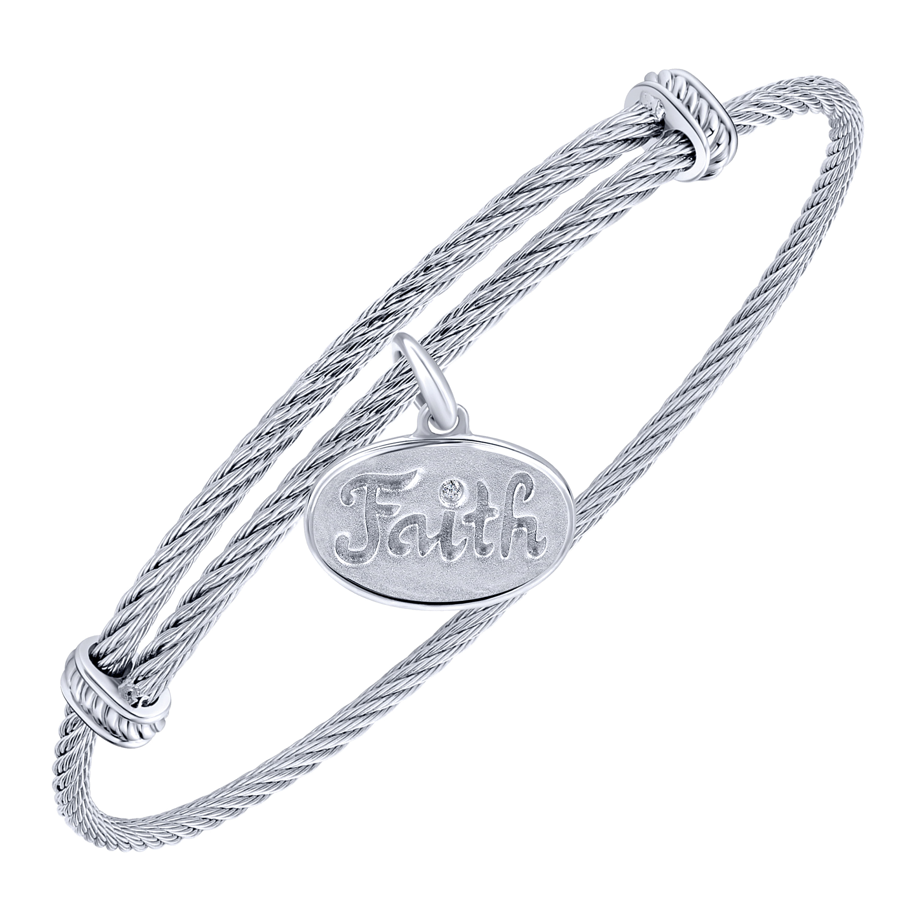 925 Silver/stainless Steel Diamond Charm Bangle angle 2 925 Silver/stainless Steel Diamond Charm Bangle angle 2