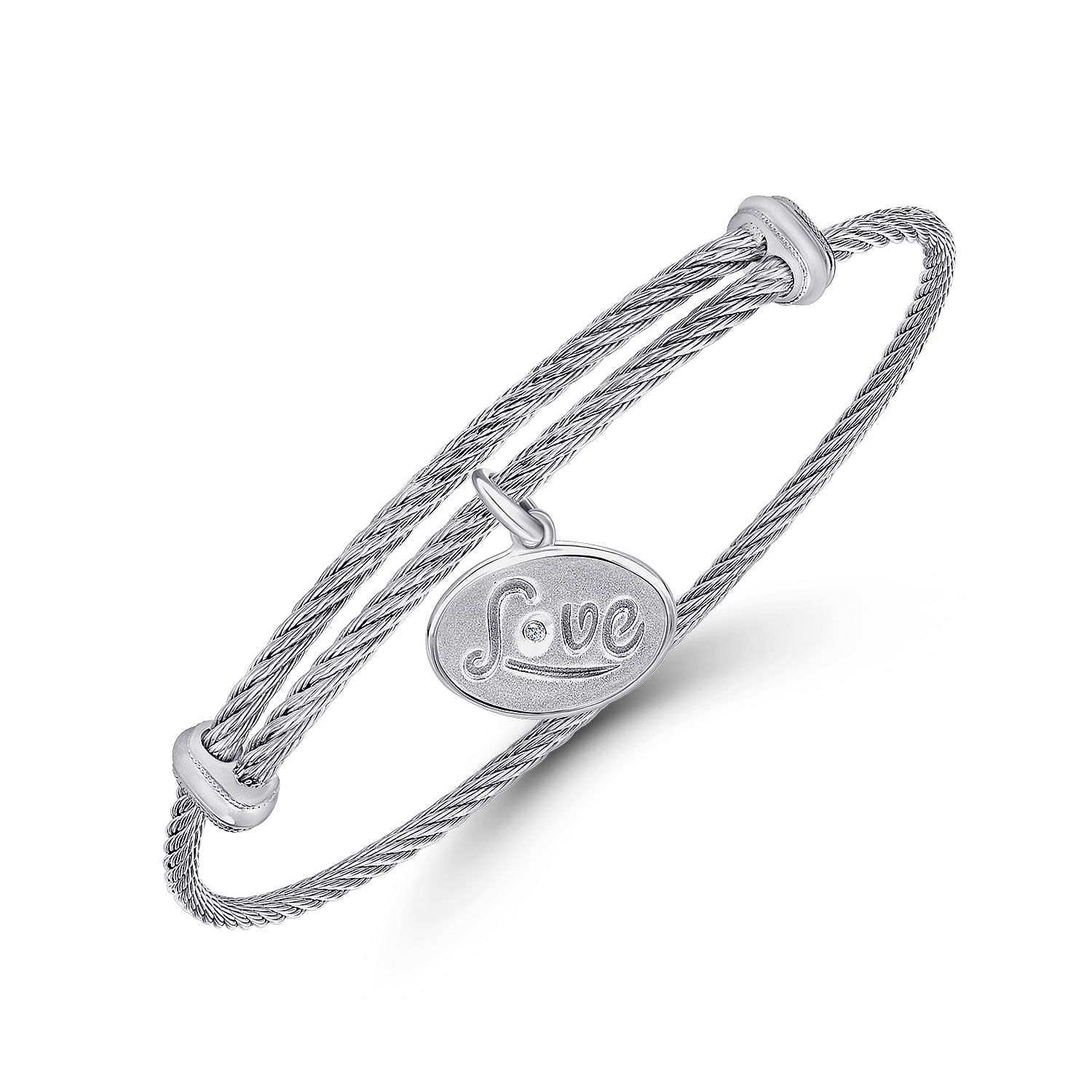 925 Silver/stainless Steel Diamond Charm Bangle angle 2 925 Silver/stainless Steel Diamond Charm Bangle angle 2