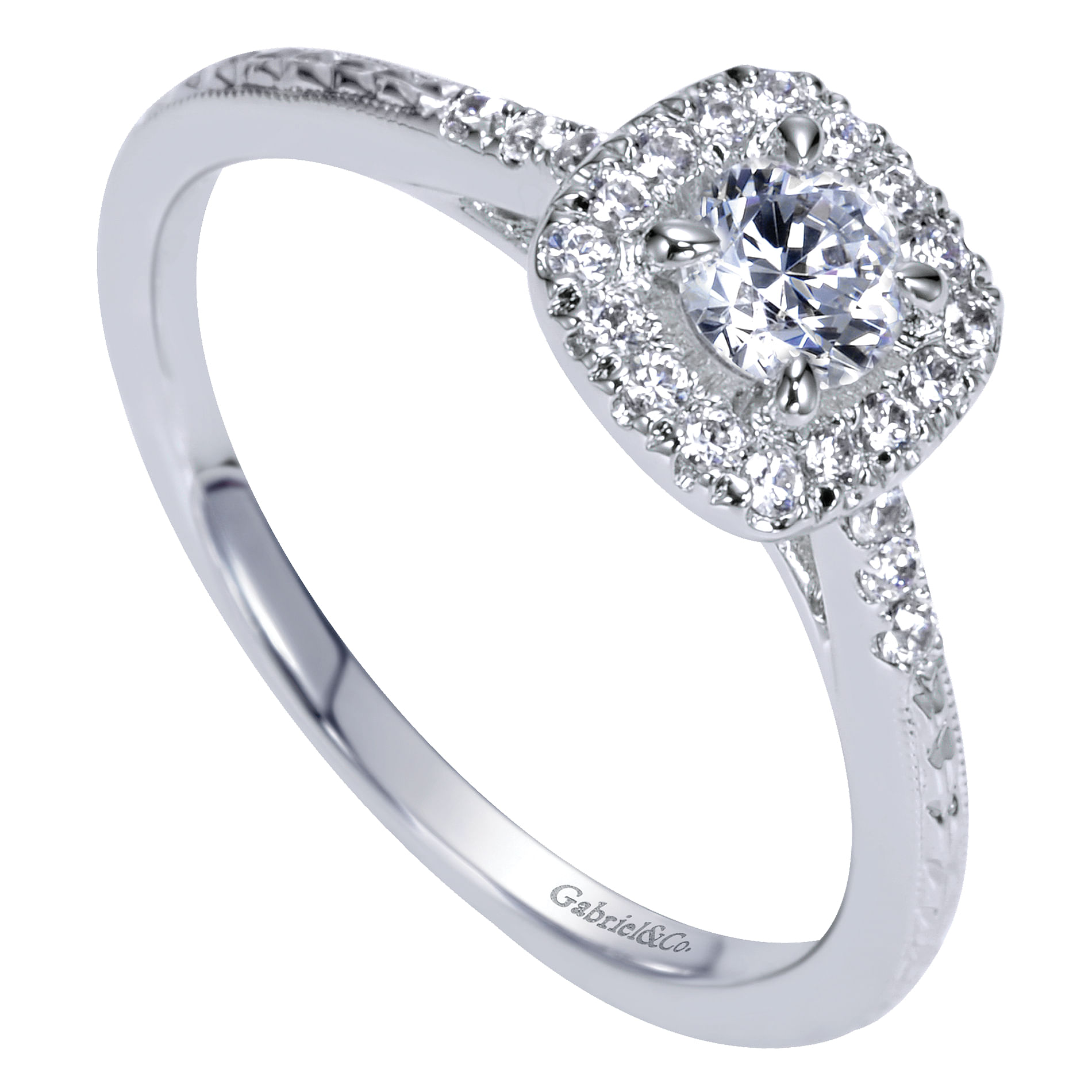 Audrey 14k White Gold Round Halo Engagement Ring angle 3 Audrey 14k White Gold Round Halo Engagement Ring angle 3