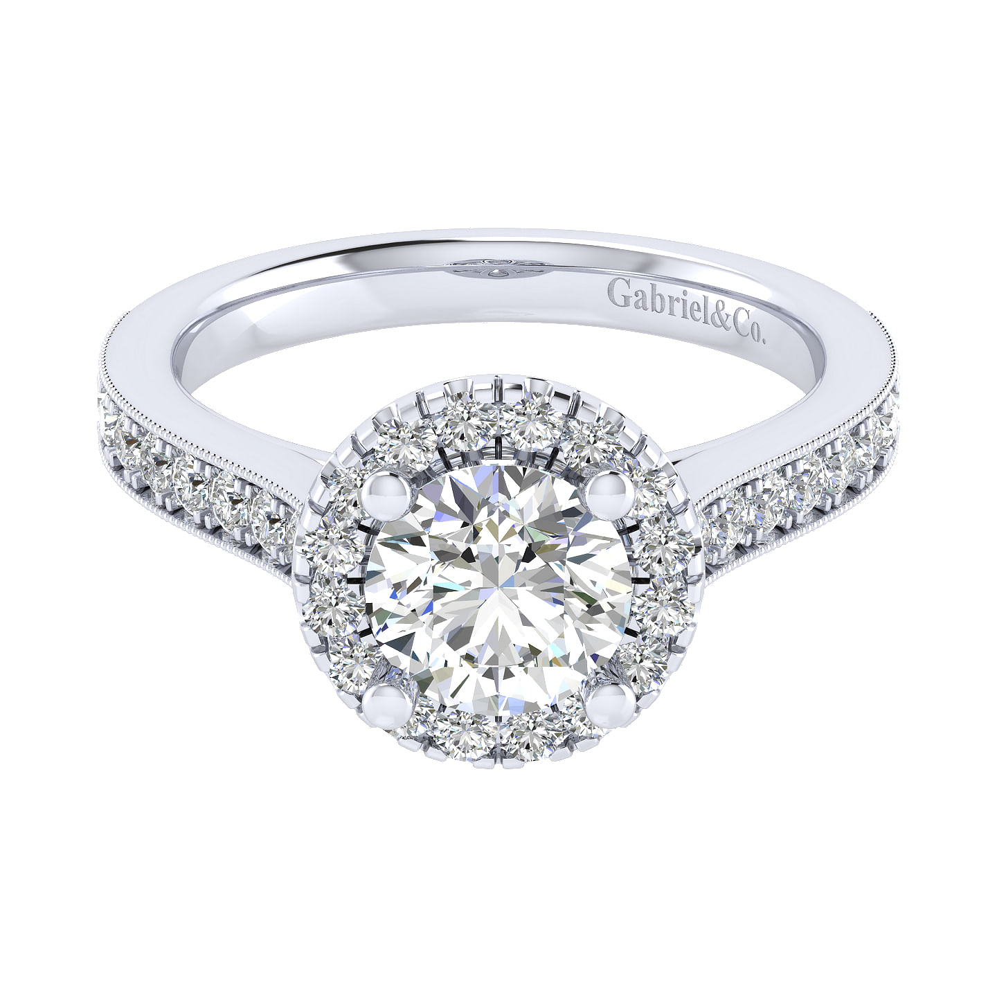 Bernadette 14k White Gold Round Halo Engagement Ring angle 1 Bernadette 14k White Gold Round Halo Engagement Ring angle 1