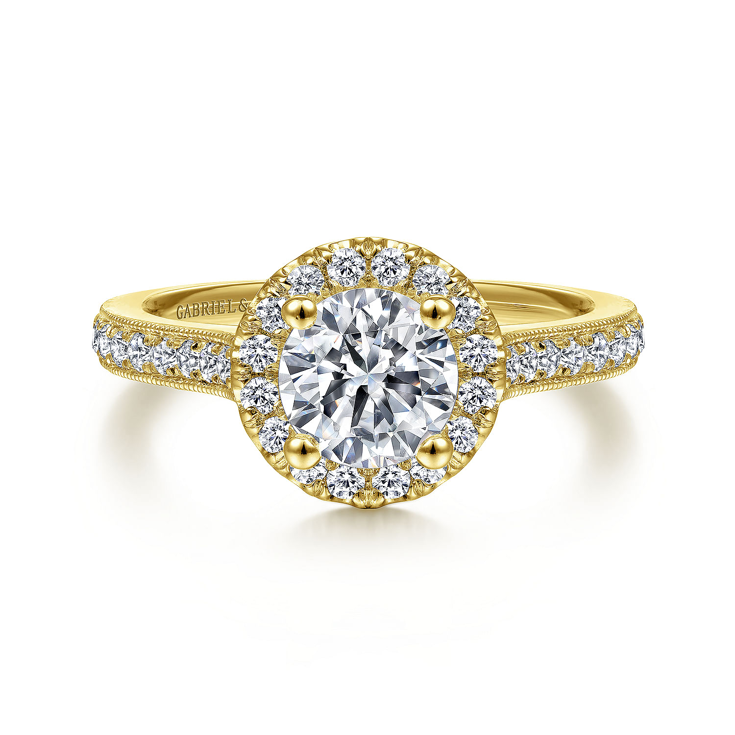 Bernadette 14k Yellow Gold Round Halo Engagement Ring angle 1 Bernadette 14k Yellow Gold Round Halo Engagement Ring angle 1