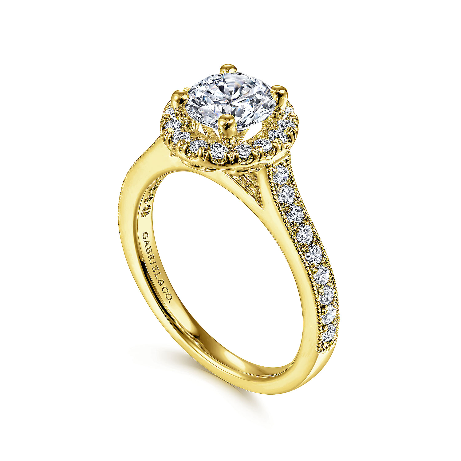 Bernadette 14k Yellow Gold Round Halo Engagement Ring angle 3 Bernadette 14k Yellow Gold Round Halo Engagement Ring angle 3