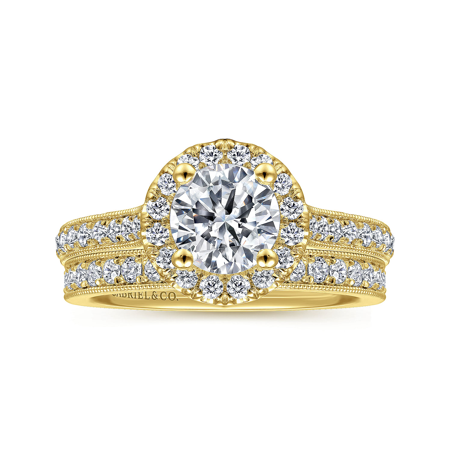 Bernadette 14k Yellow Gold Round Halo Engagement Ring angle 4 Bernadette 14k Yellow Gold Round Halo Engagement Ring angle 4