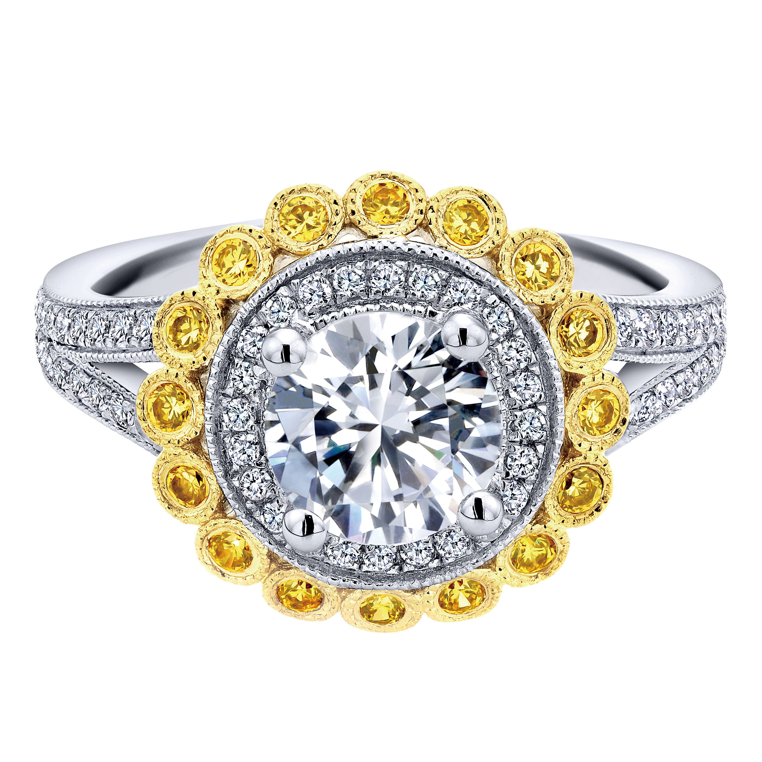Bloomfield 14k Yellow And White Gold Round Double Halo Engagement Ring angle 1 Bloomfield 14k Yellow And White Gold Round Double Halo Engagement Ring angle 1
