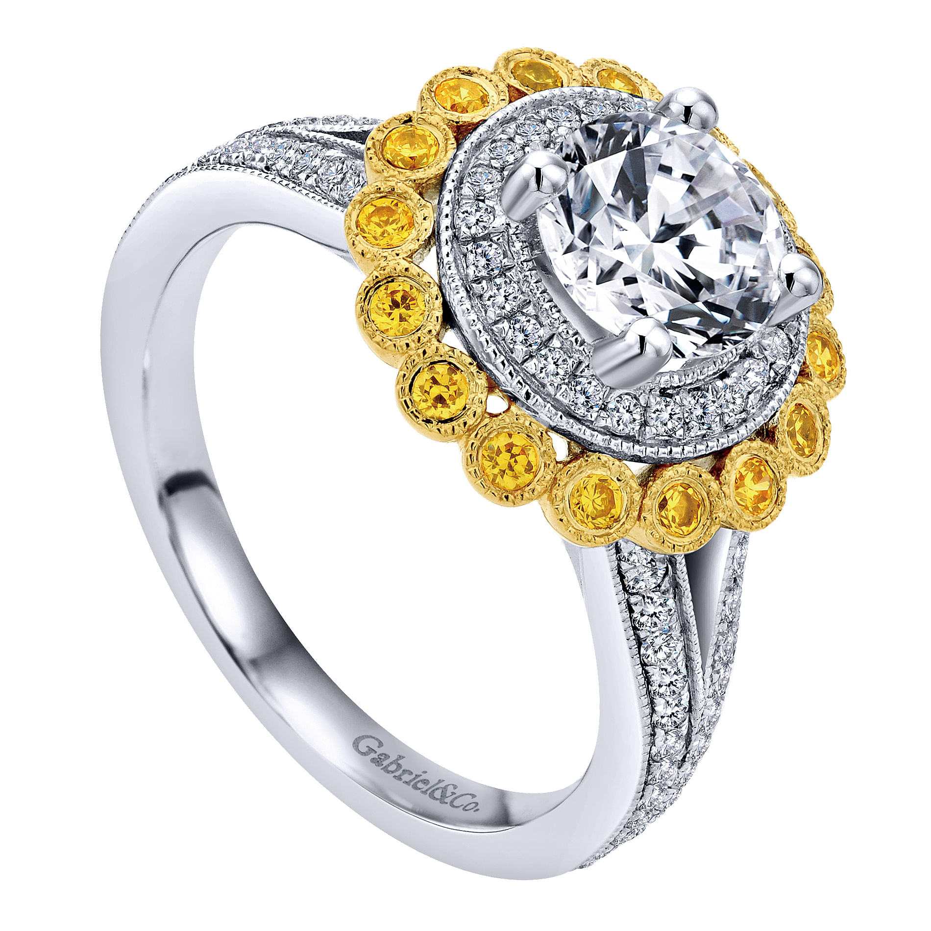 Bloomfield 14k Yellow And White Gold Round Double Halo Engagement Ring angle 3 Bloomfield 14k Yellow And White Gold Round Double Halo Engagement Ring angle 3