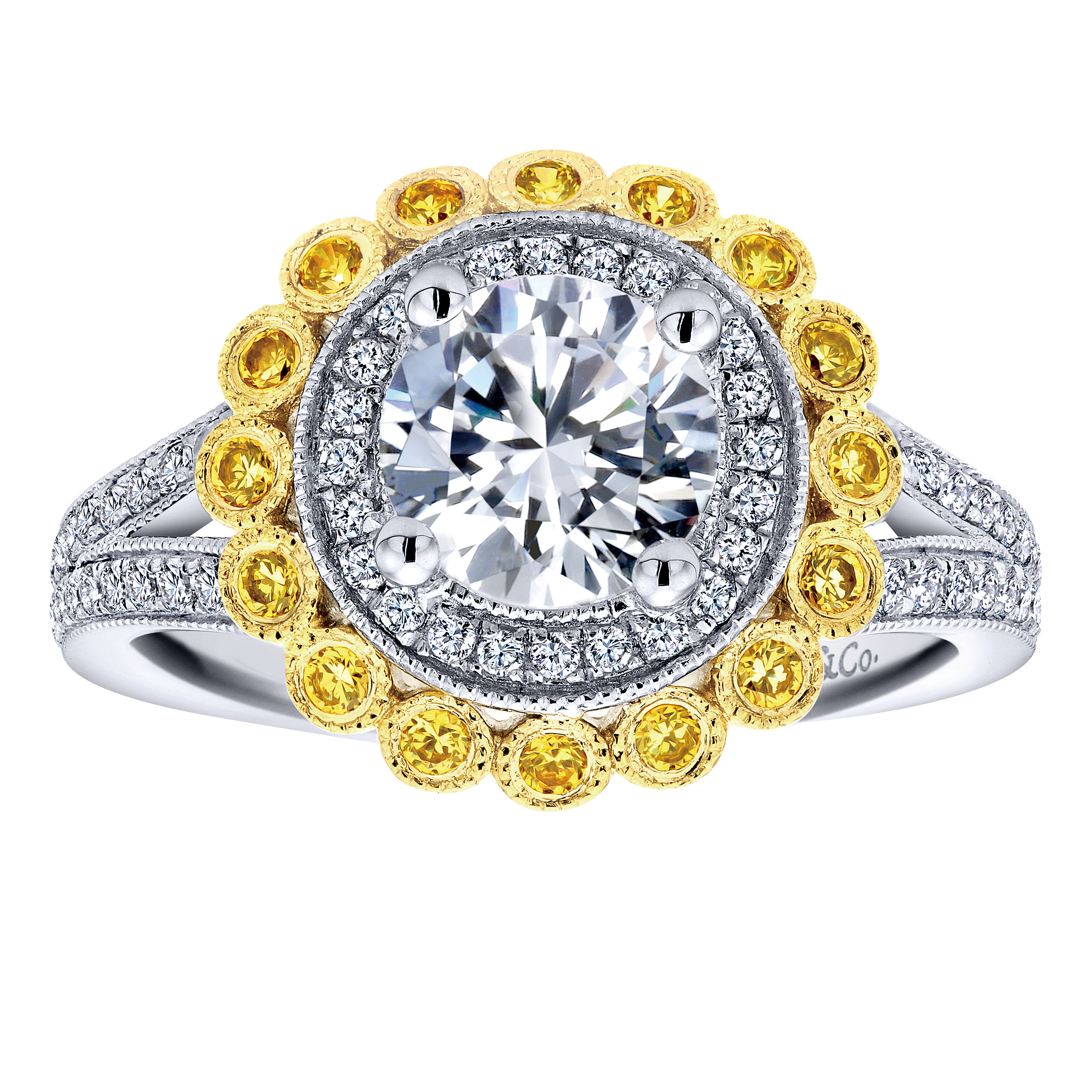 Bloomfield 14k Yellow And White Gold Round Double Halo Engagement Ring angle 5 Bloomfield 14k Yellow And White Gold Round Double Halo Engagement Ring angle 5