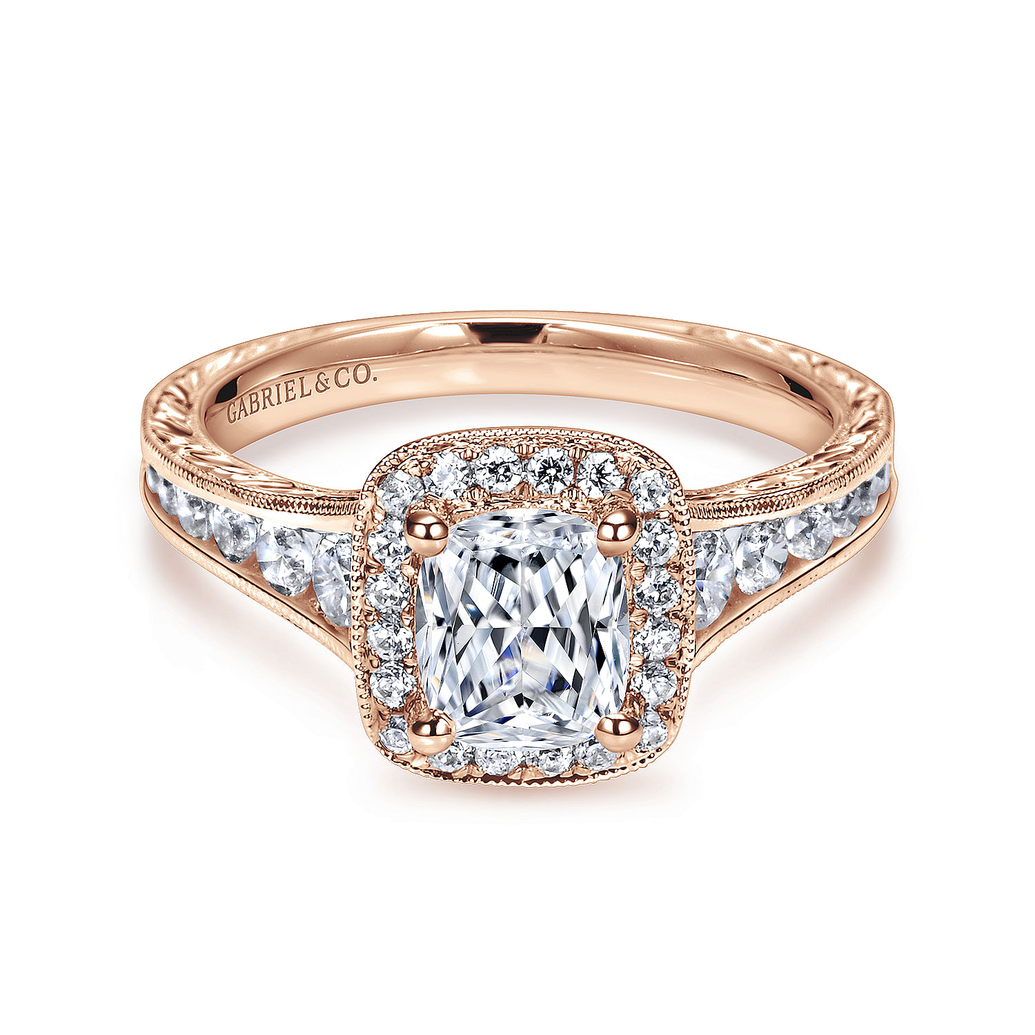 Clementine 14k Rose Gold Cushion Cut Halo Engagement Ring angle 1 Clementine 14k Rose Gold Cushion Cut Halo Engagement Ring angle 1