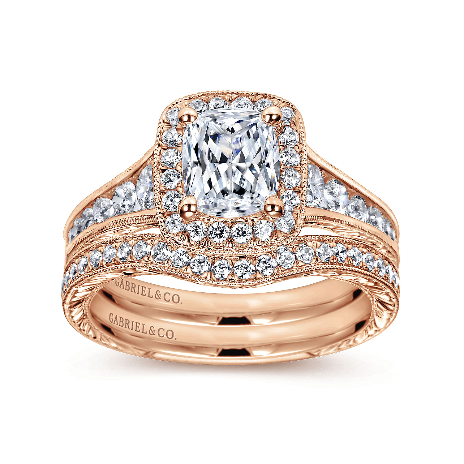 Clementine 14k Rose Gold Cushion Cut Halo Engagement Ring angle 4 Clementine 14k Rose Gold Cushion Cut Halo Engagement Ring angle 4