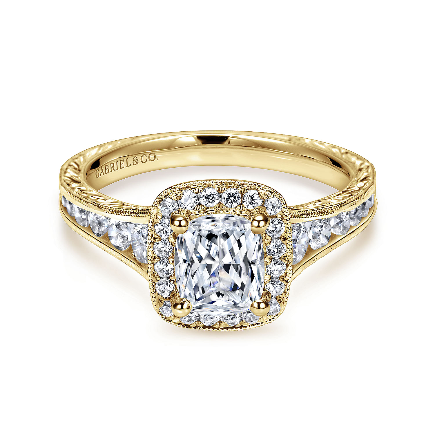 Clementine 14k Yellow Gold Cushion Cut Halo Engagement Ring angle 1 Clementine 14k Yellow Gold Cushion Cut Halo Engagement Ring angle 1