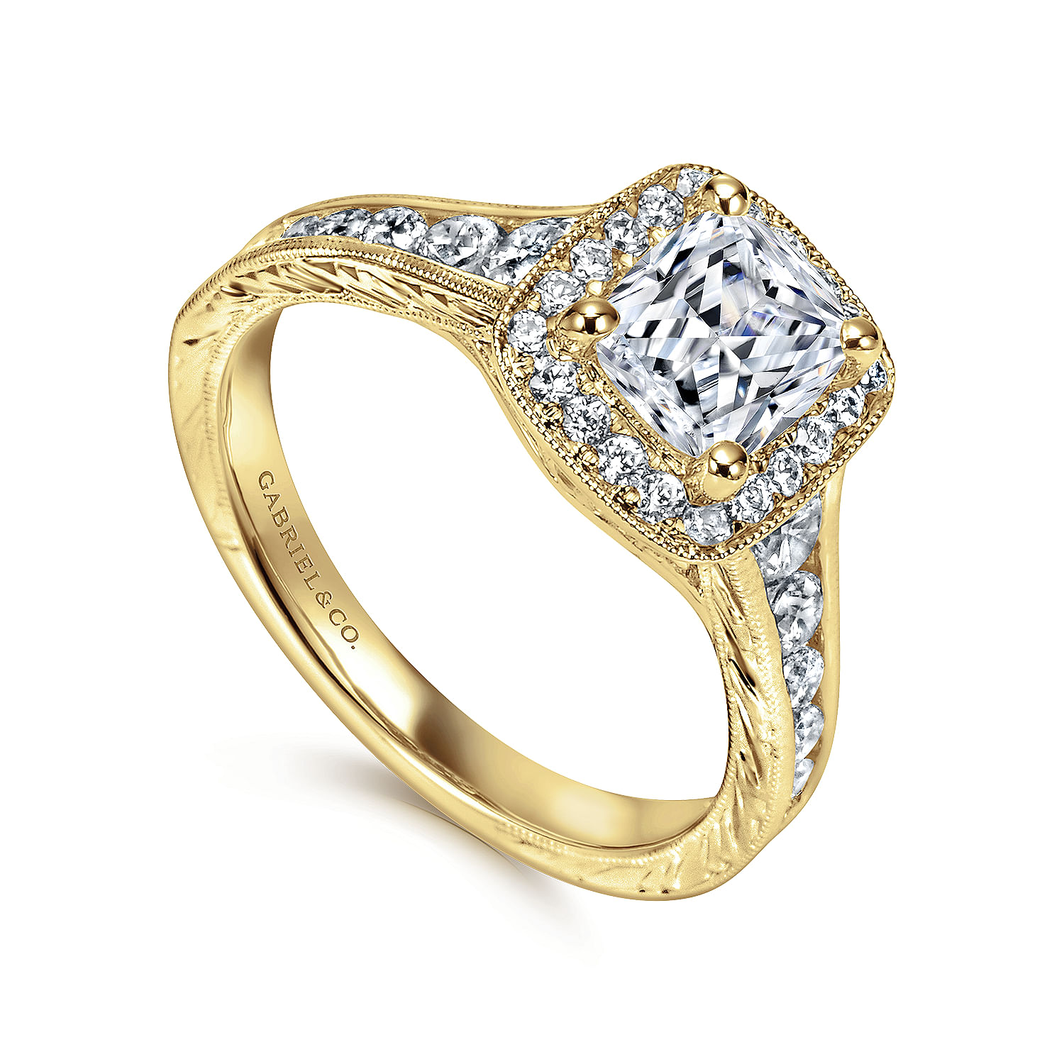 Clementine 14k Yellow Gold Cushion Cut Halo Engagement Ring angle 3 Clementine 14k Yellow Gold Cushion Cut Halo Engagement Ring angle 3
