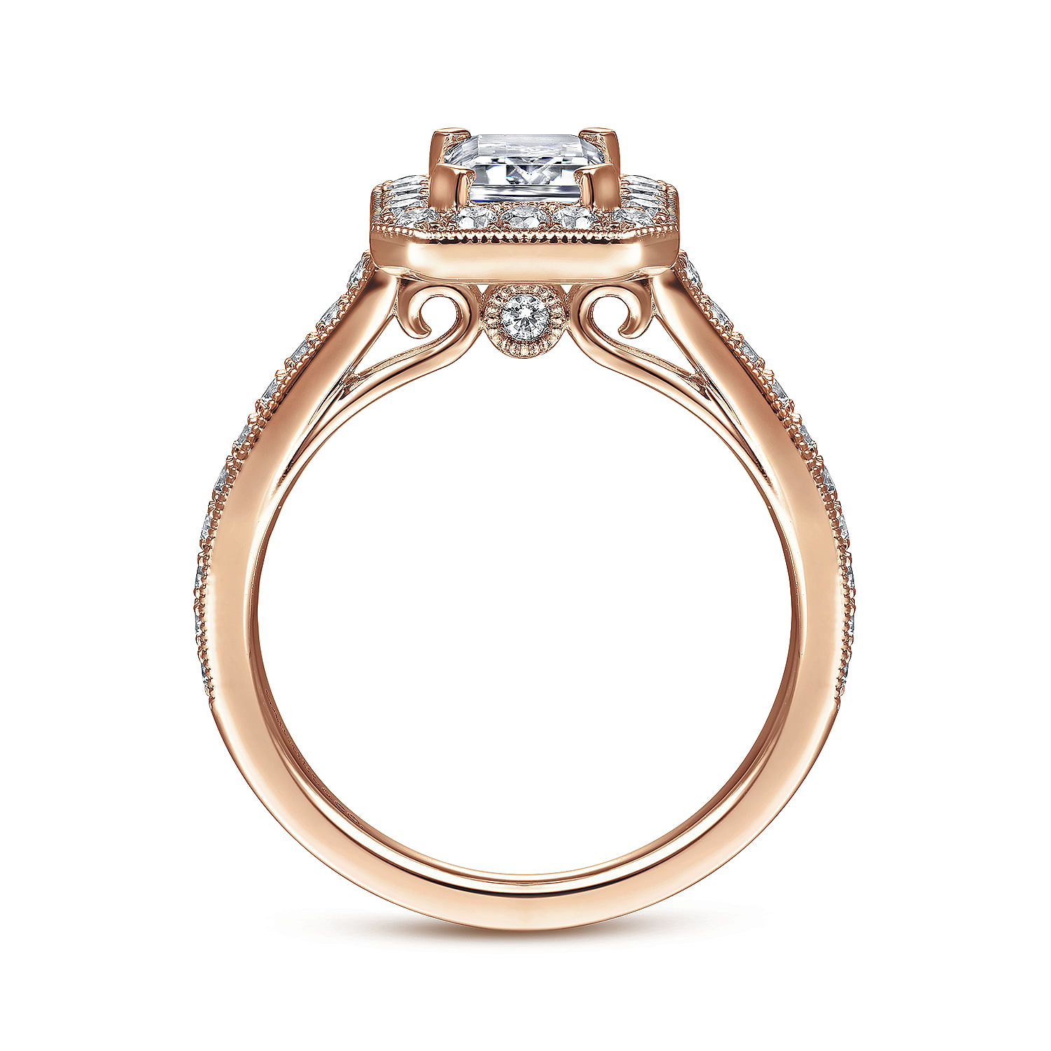 Corinne 14k Rose Gold Emerald Cut Halo Engagement Ring angle 2 Corinne 14k Rose Gold Emerald Cut Halo Engagement Ring angle 2