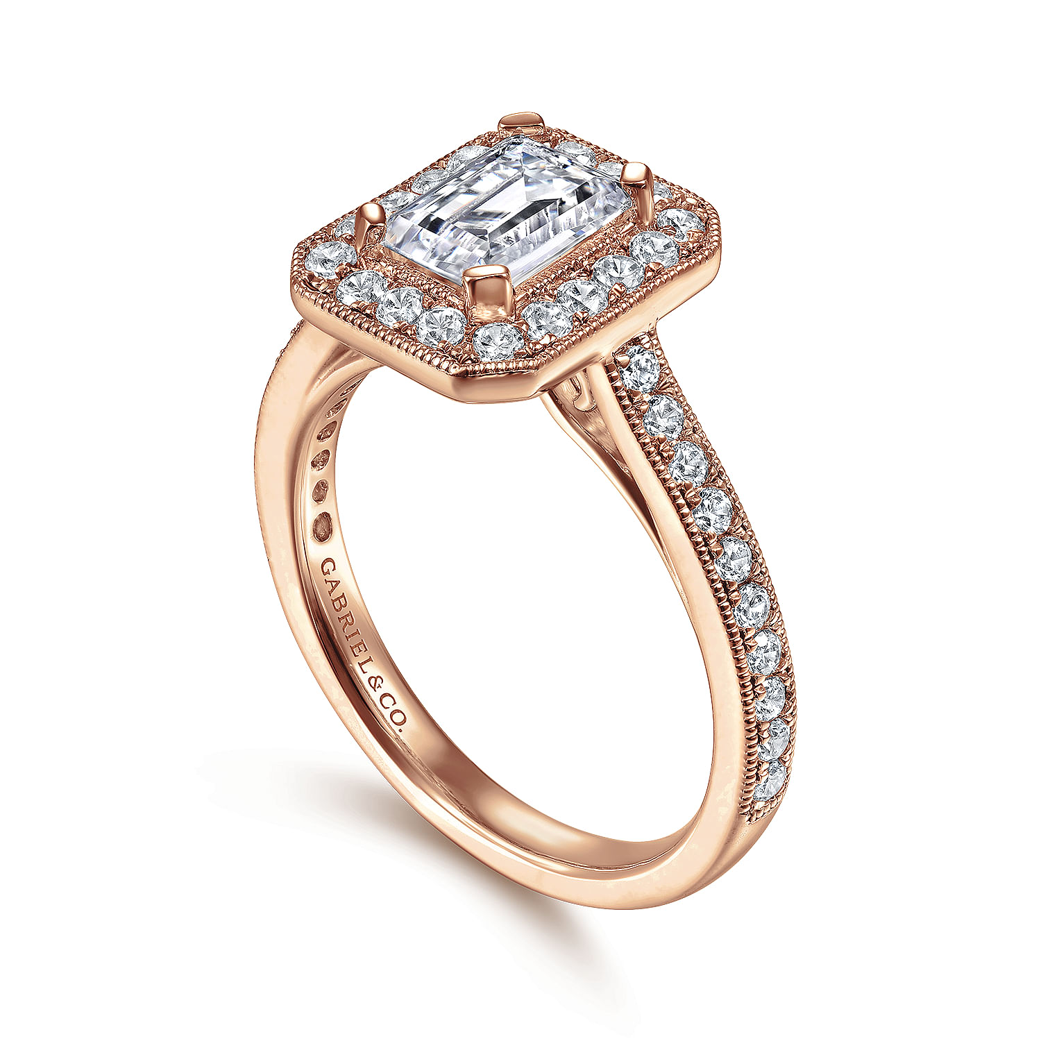 Corinne 14k Rose Gold Emerald Cut Halo Engagement Ring angle 3 Corinne 14k Rose Gold Emerald Cut Halo Engagement Ring angle 3