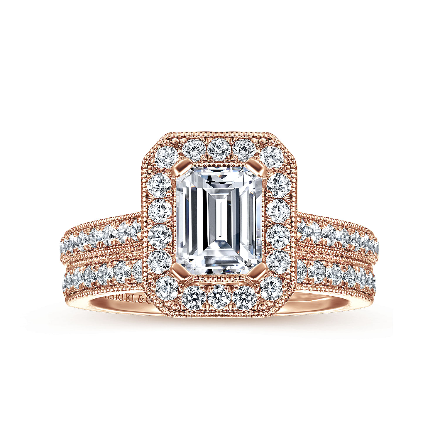 Corinne 14k Rose Gold Emerald Cut Halo Engagement Ring angle 4 Corinne 14k Rose Gold Emerald Cut Halo Engagement Ring angle 4