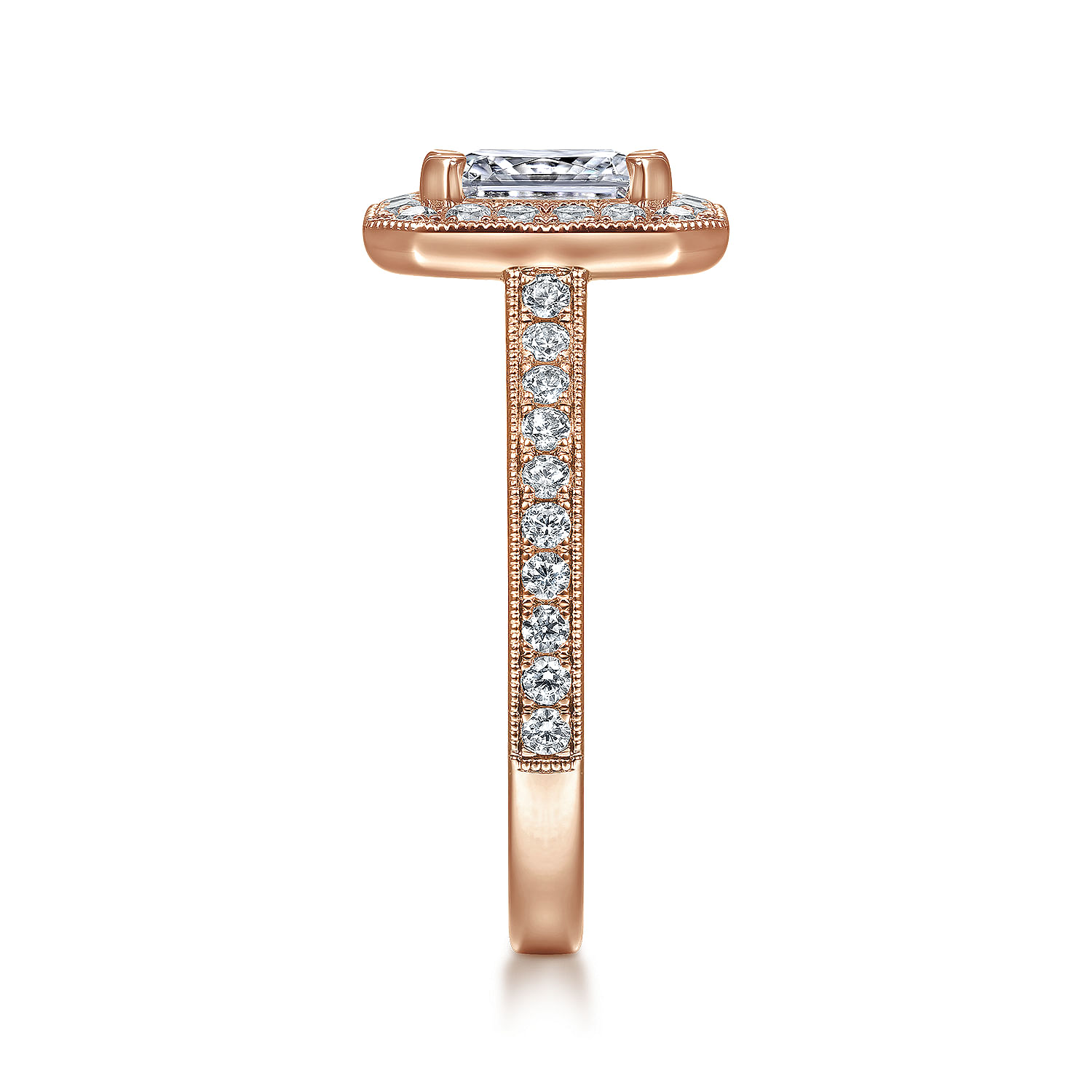 Corinne 14k Rose Gold Emerald Cut Halo Engagement Ring angle 5 Corinne 14k Rose Gold Emerald Cut Halo Engagement Ring angle 5